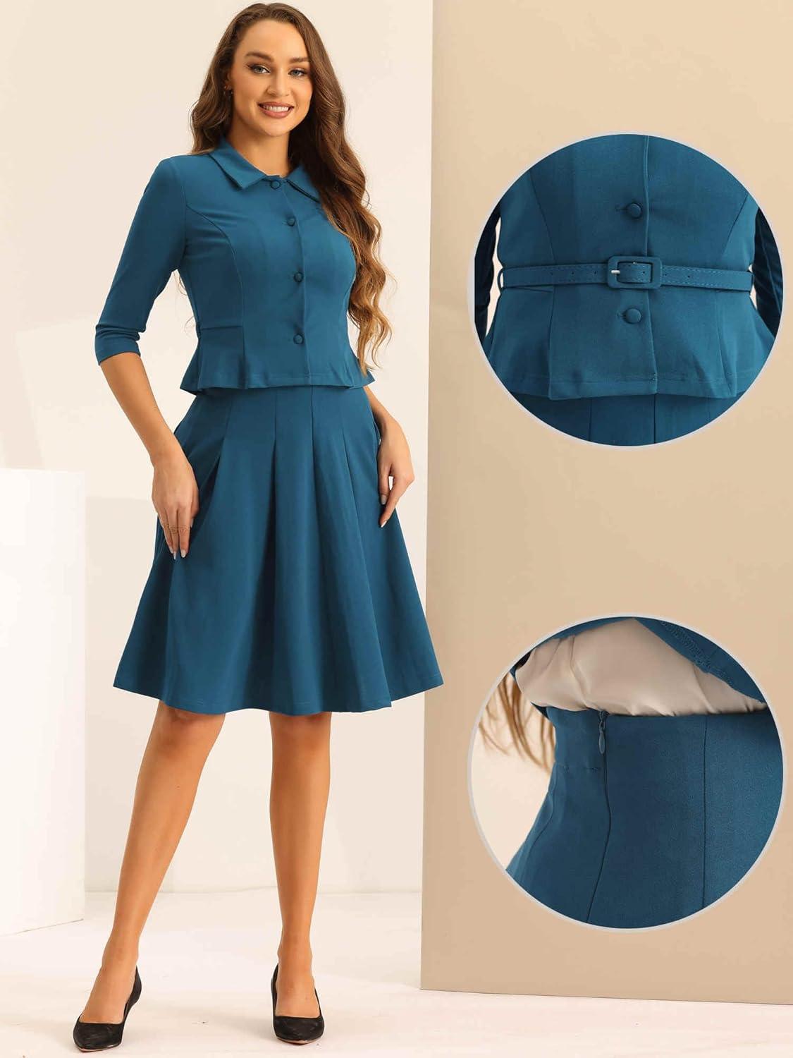 imageAllegra K Business Skirt Suit Sets for Womens 2 Piece Outfits Office 34 Sleeve Blazer Jacket Pleated SkirtsLake Blue