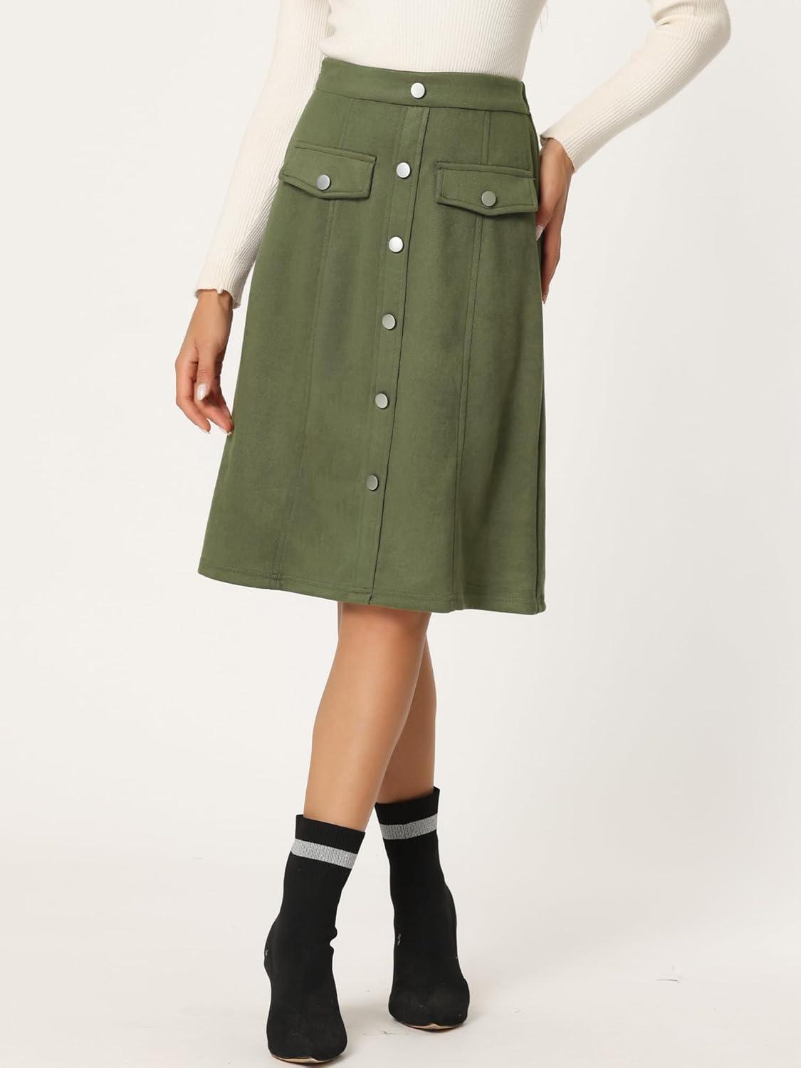 imageAllegra K Faux Suede Skirt for Womens Button Front High Waist 2025 Fall Knee Length ALine SkirtsArmy Green