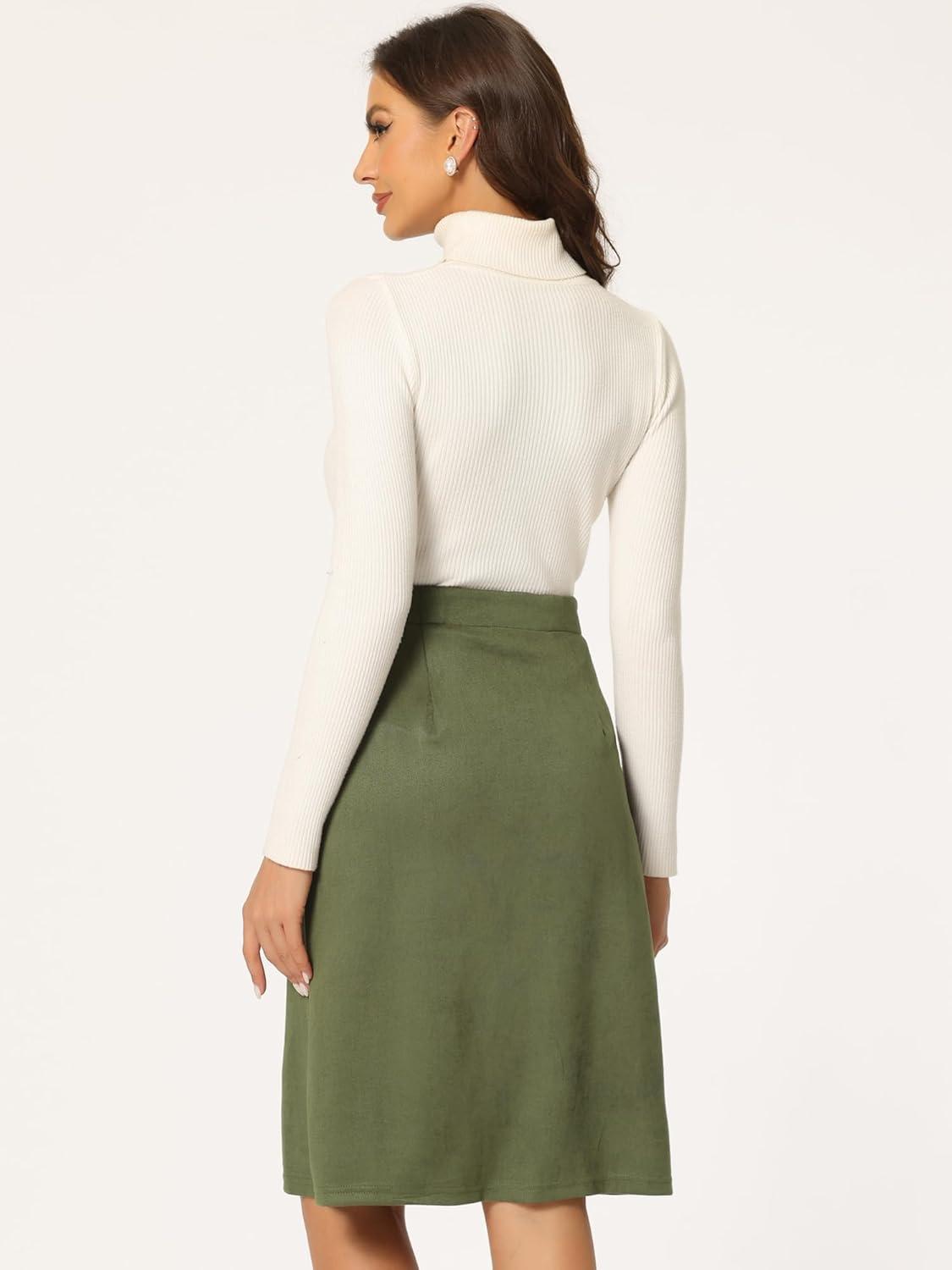 imageAllegra K Faux Suede Skirt for Womens Button Front High Waist 2025 Fall Knee Length ALine SkirtsArmy Green