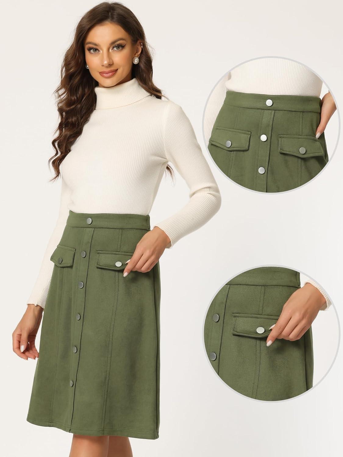 imageAllegra K Faux Suede Skirt for Womens Button Front High Waist 2025 Fall Knee Length ALine SkirtsArmy Green