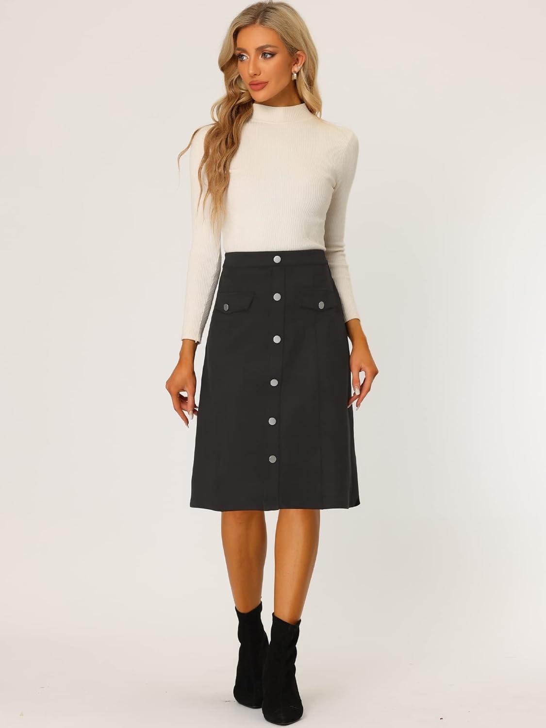 imageAllegra K Faux Suede Skirt for Womens Button Front High Waist 2025 Fall Knee Length ALine SkirtsBlack