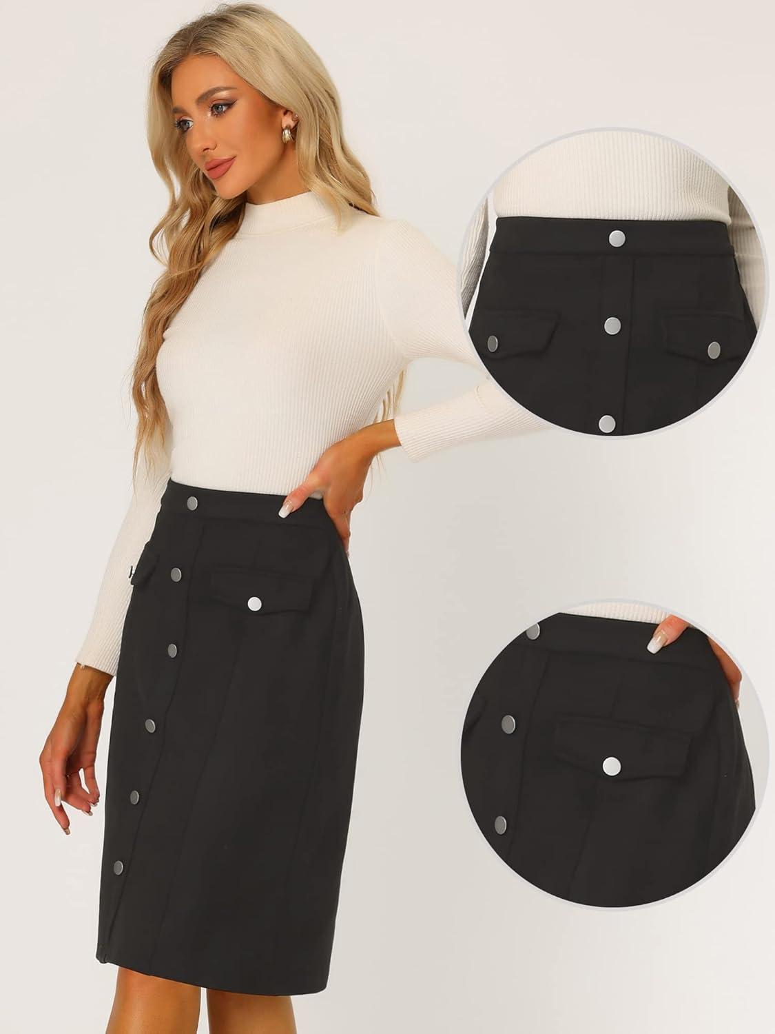 imageAllegra K Faux Suede Skirt for Womens Button Front High Waist 2025 Fall Knee Length ALine SkirtsBlack