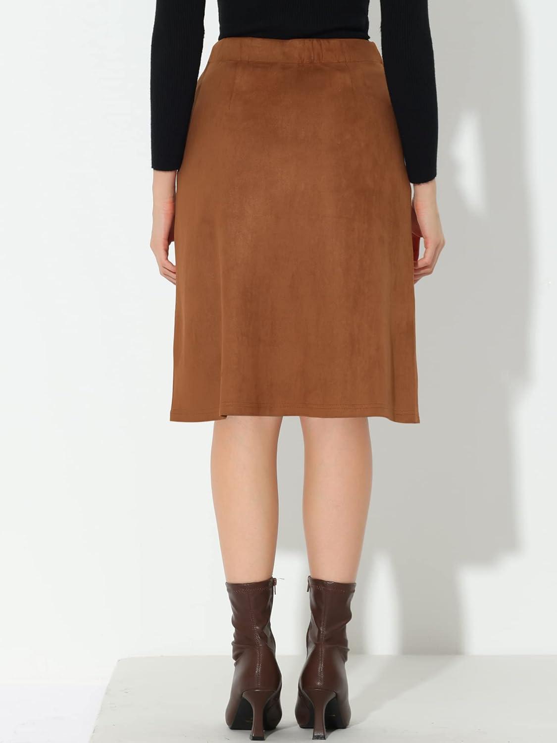 imageAllegra K Faux Suede Skirt for Womens Button Front High Waist 2025 Fall Knee Length ALine SkirtsBrown