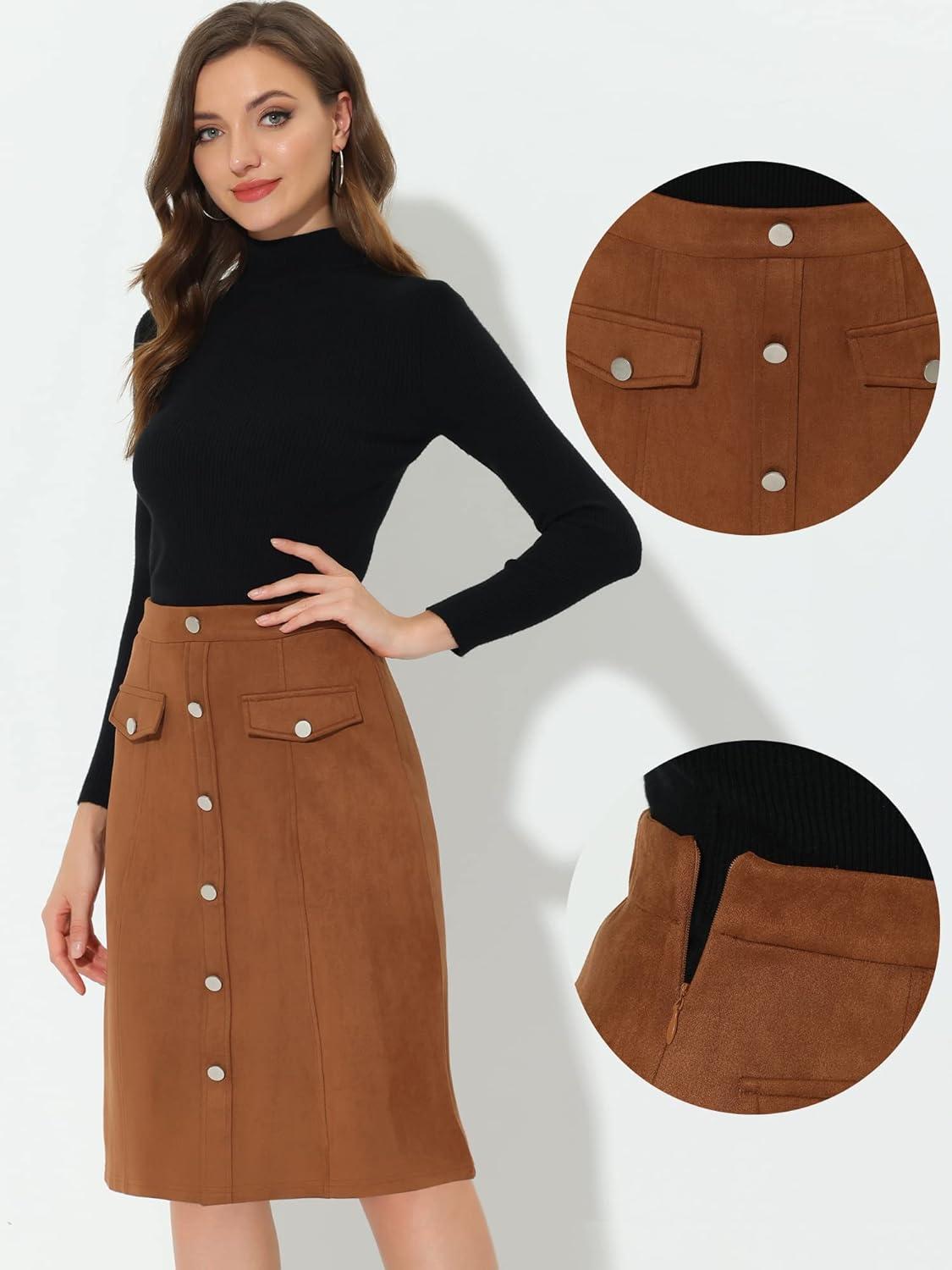 imageAllegra K Faux Suede Skirt for Womens Button Front High Waist 2025 Fall Knee Length ALine SkirtsBrown