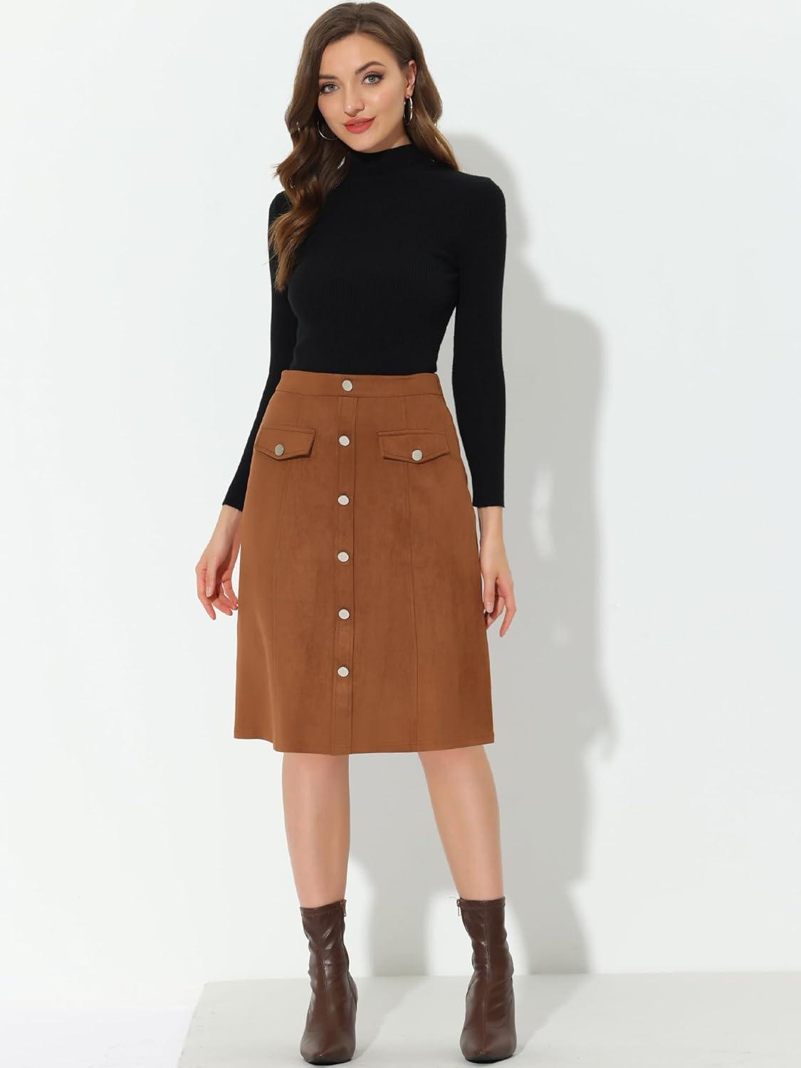 imageAllegra K Faux Suede Skirt for Womens Button Front High Waist 2025 Fall Knee Length ALine SkirtsBrown