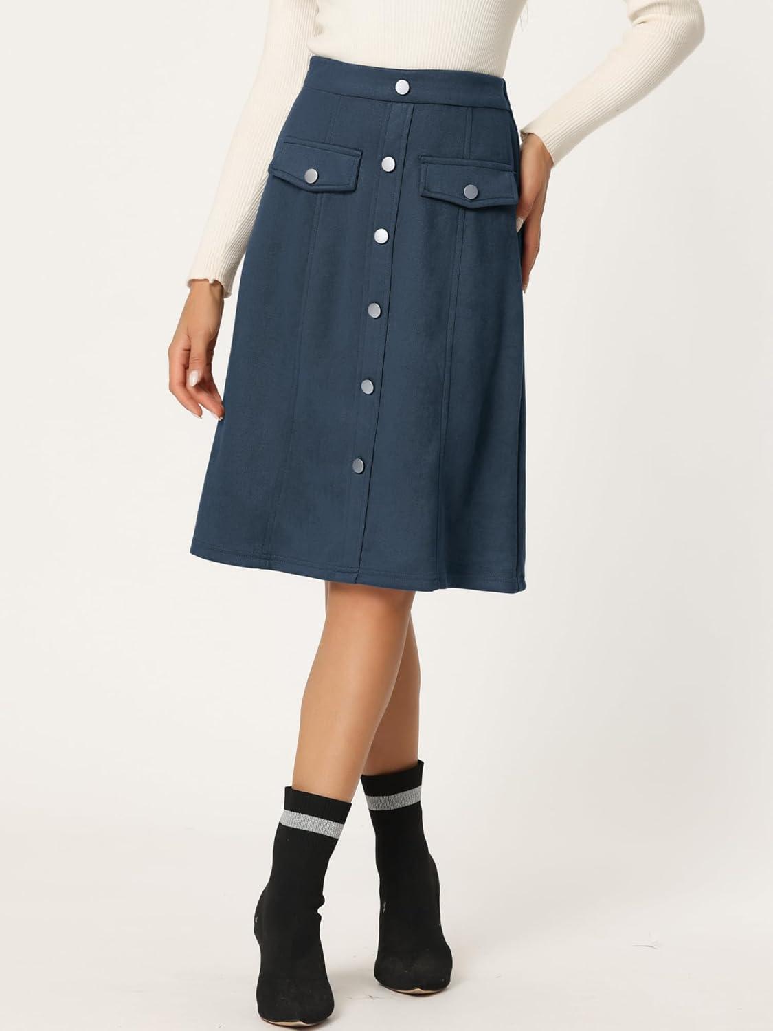 imageAllegra K Faux Suede Skirt for Womens Button Front High Waist 2025 Fall Knee Length ALine SkirtsDark Blue
