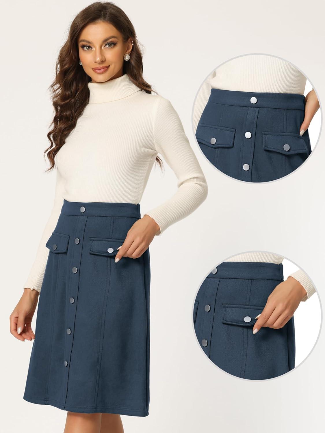 imageAllegra K Faux Suede Skirt for Womens Button Front High Waist 2025 Fall Knee Length ALine SkirtsDark Blue
