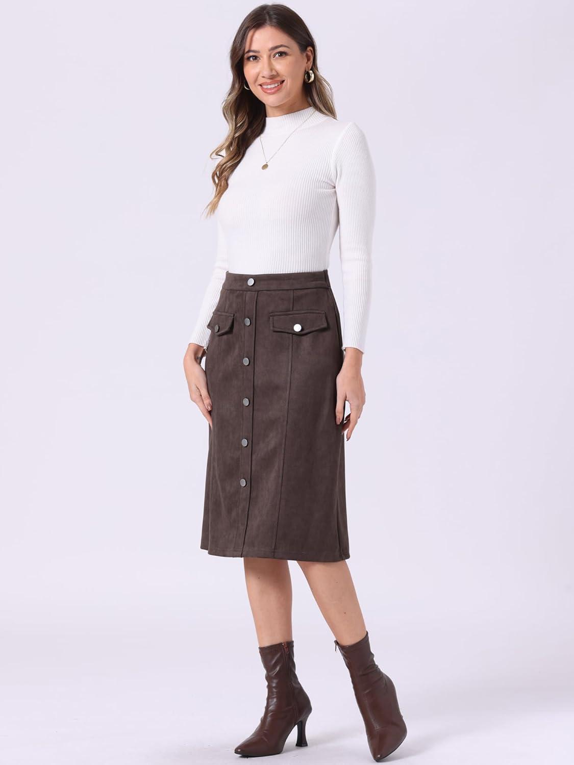 imageAllegra K Faux Suede Skirt for Womens Button Front High Waist 2025 Fall Knee Length ALine SkirtsDark Brown