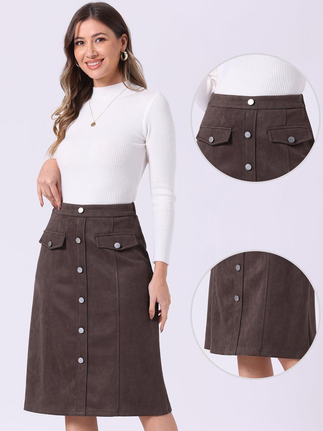 imageAllegra K Faux Suede Skirt for Womens Button Front High Waist 2025 Fall Knee Length ALine SkirtsDark Brown