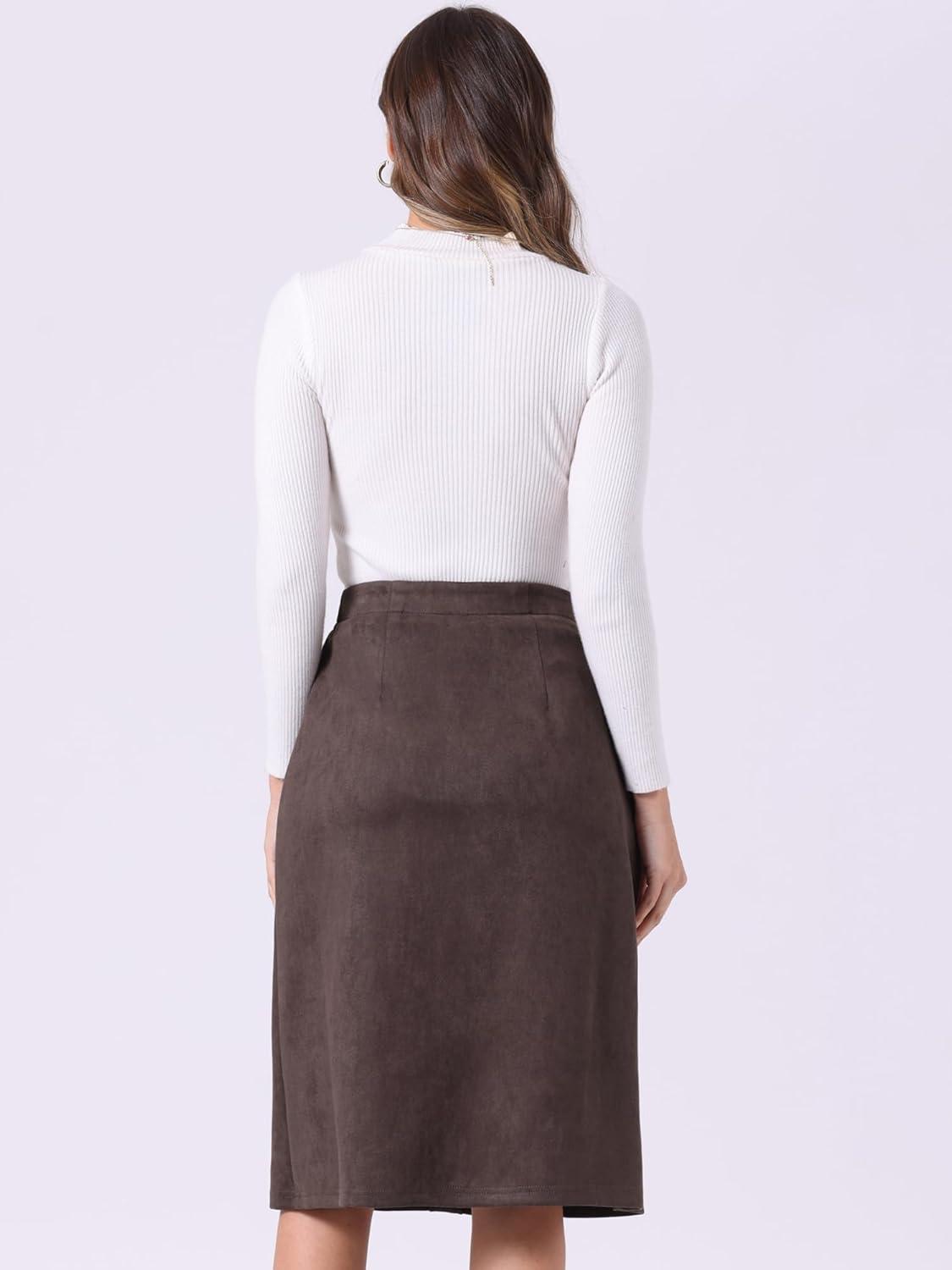 imageAllegra K Faux Suede Skirt for Womens Button Front High Waist 2025 Fall Knee Length ALine SkirtsDark Brown