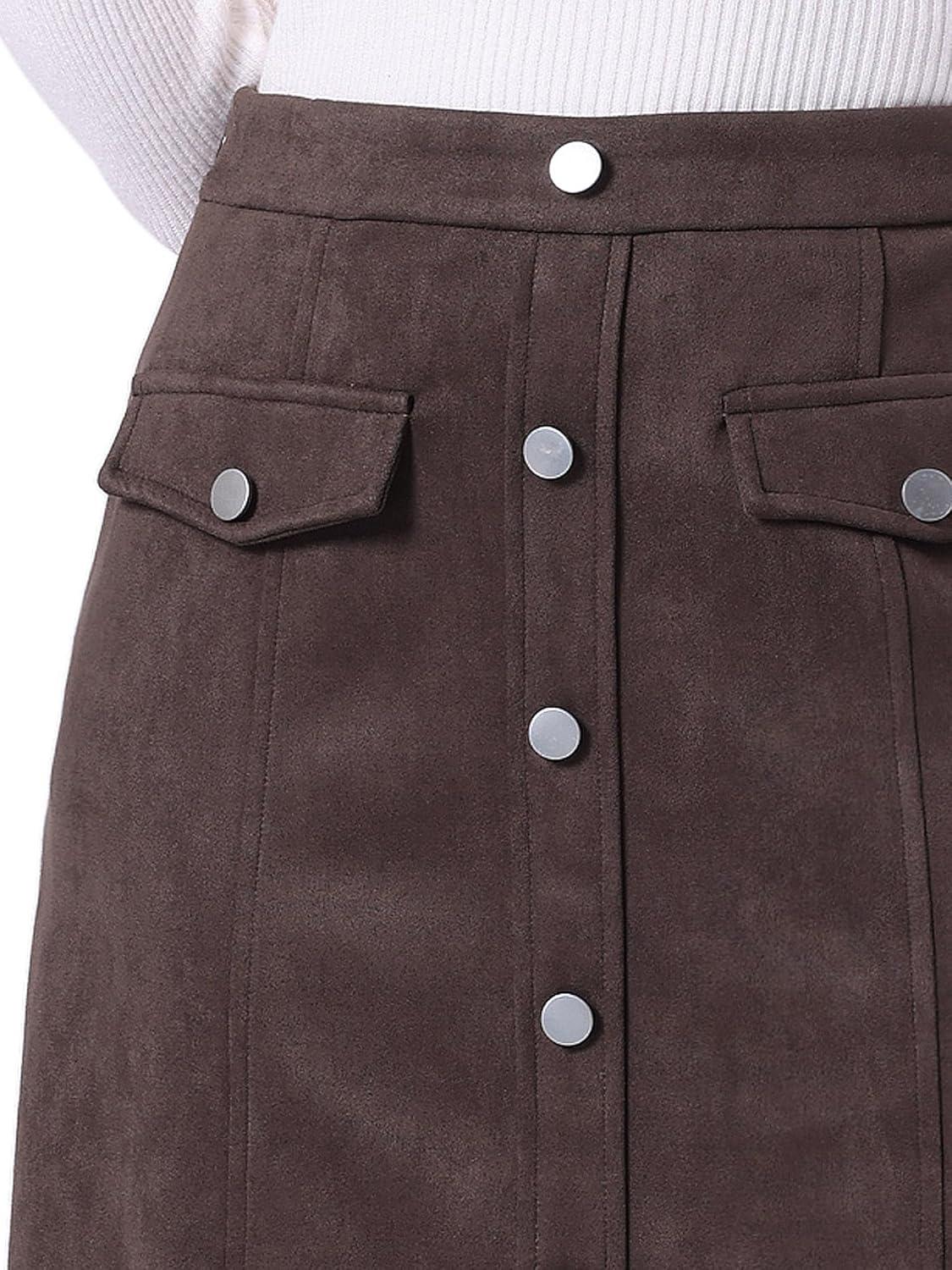 imageAllegra K Faux Suede Skirt for Womens Button Front High Waist 2025 Fall Knee Length ALine SkirtsDark Brown