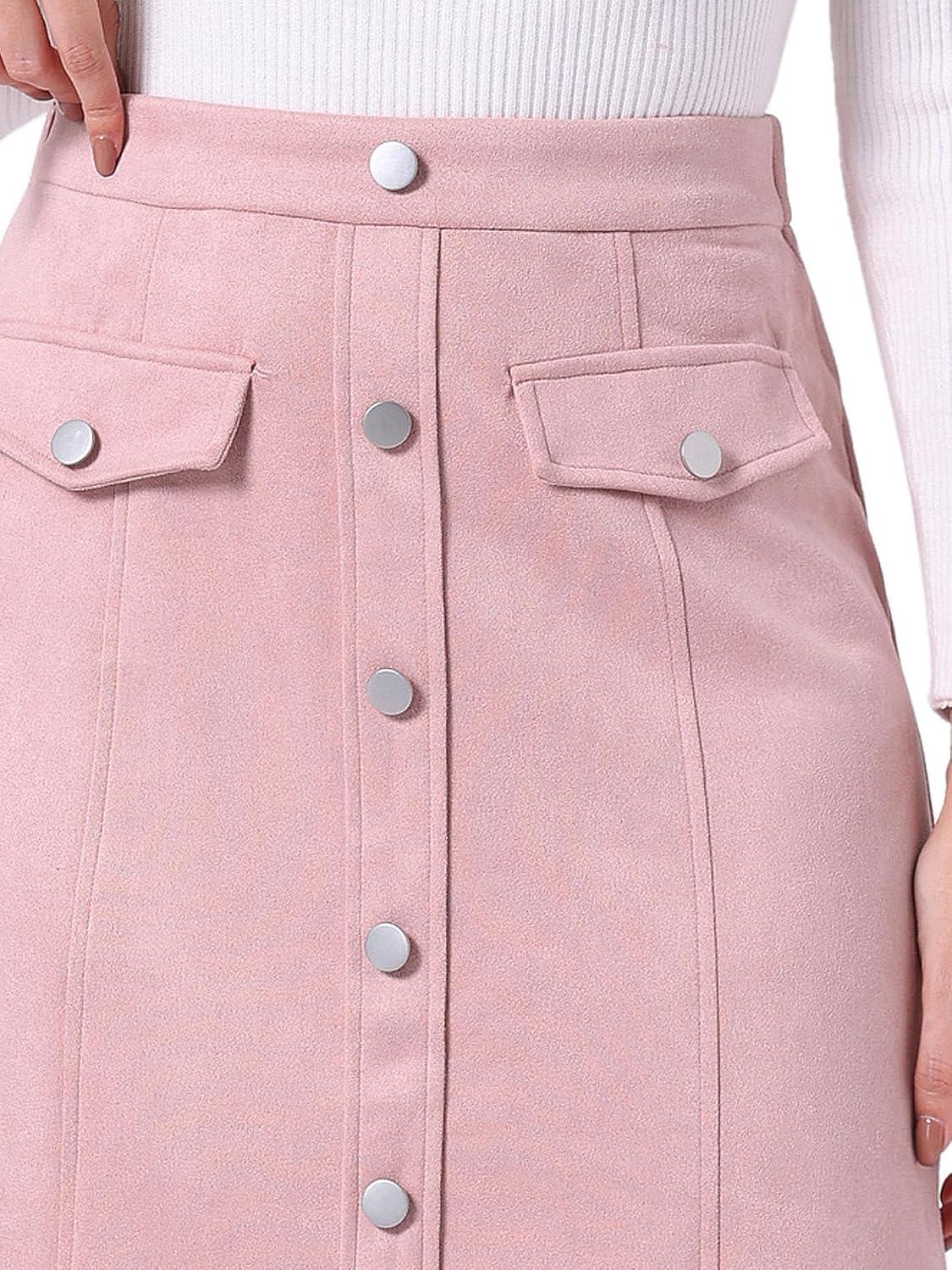 imageAllegra K Faux Suede Skirt for Womens Button Front High Waist 2025 Fall Knee Length ALine SkirtsPink