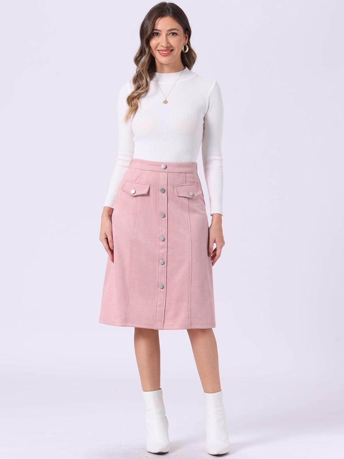 imageAllegra K Faux Suede Skirt for Womens Button Front High Waist 2025 Fall Knee Length ALine SkirtsPink
