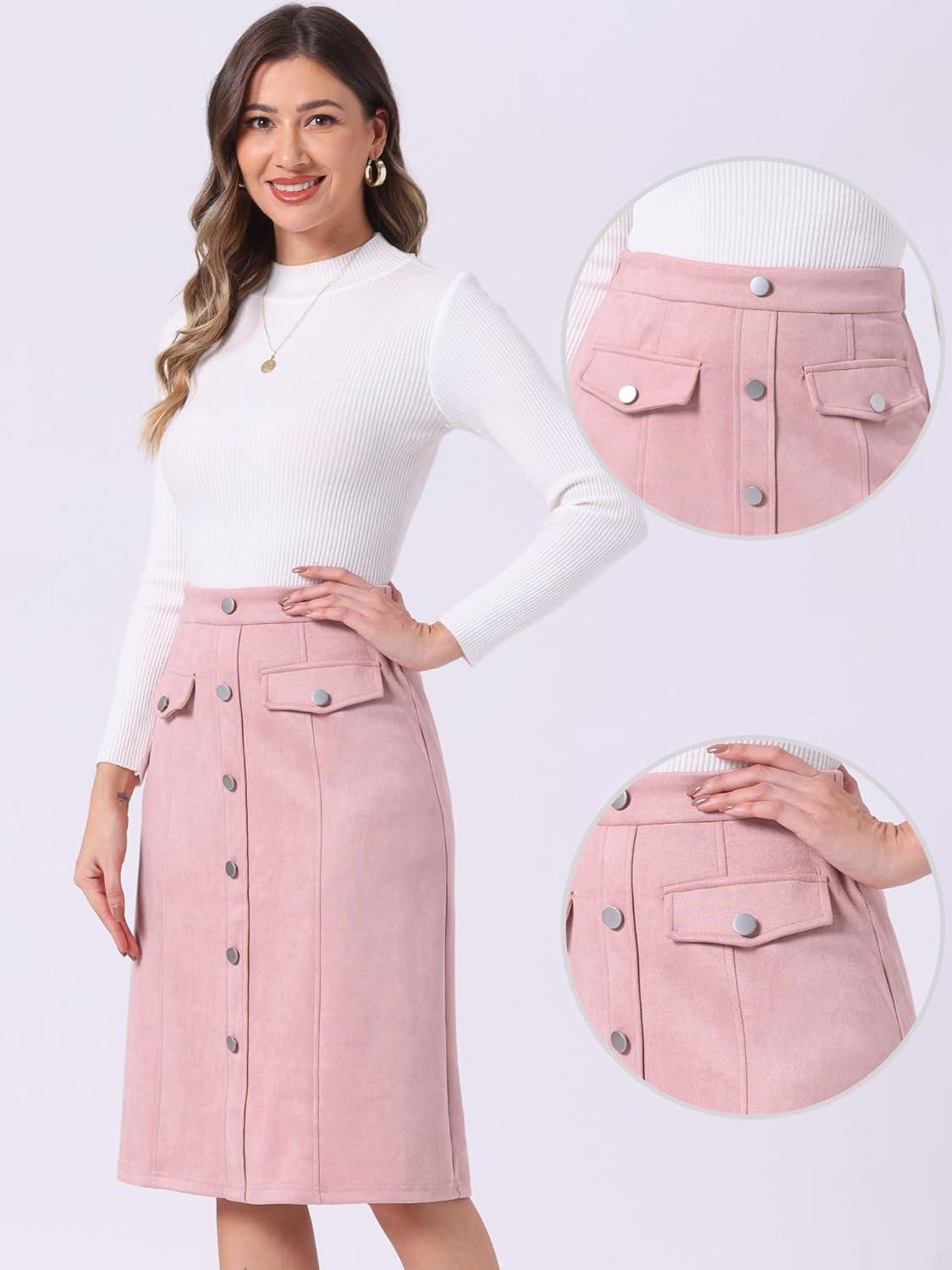 imageAllegra K Faux Suede Skirt for Womens Button Front High Waist 2025 Fall Knee Length ALine SkirtsPink