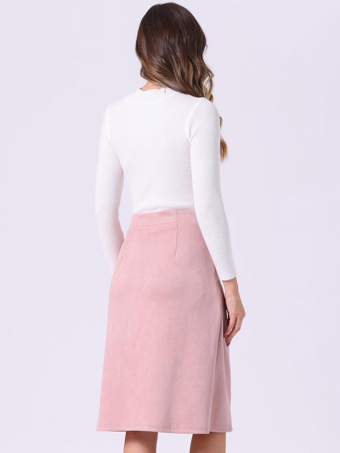 imageAllegra K Faux Suede Skirt for Womens Button Front High Waist 2025 Fall Knee Length ALine SkirtsPink