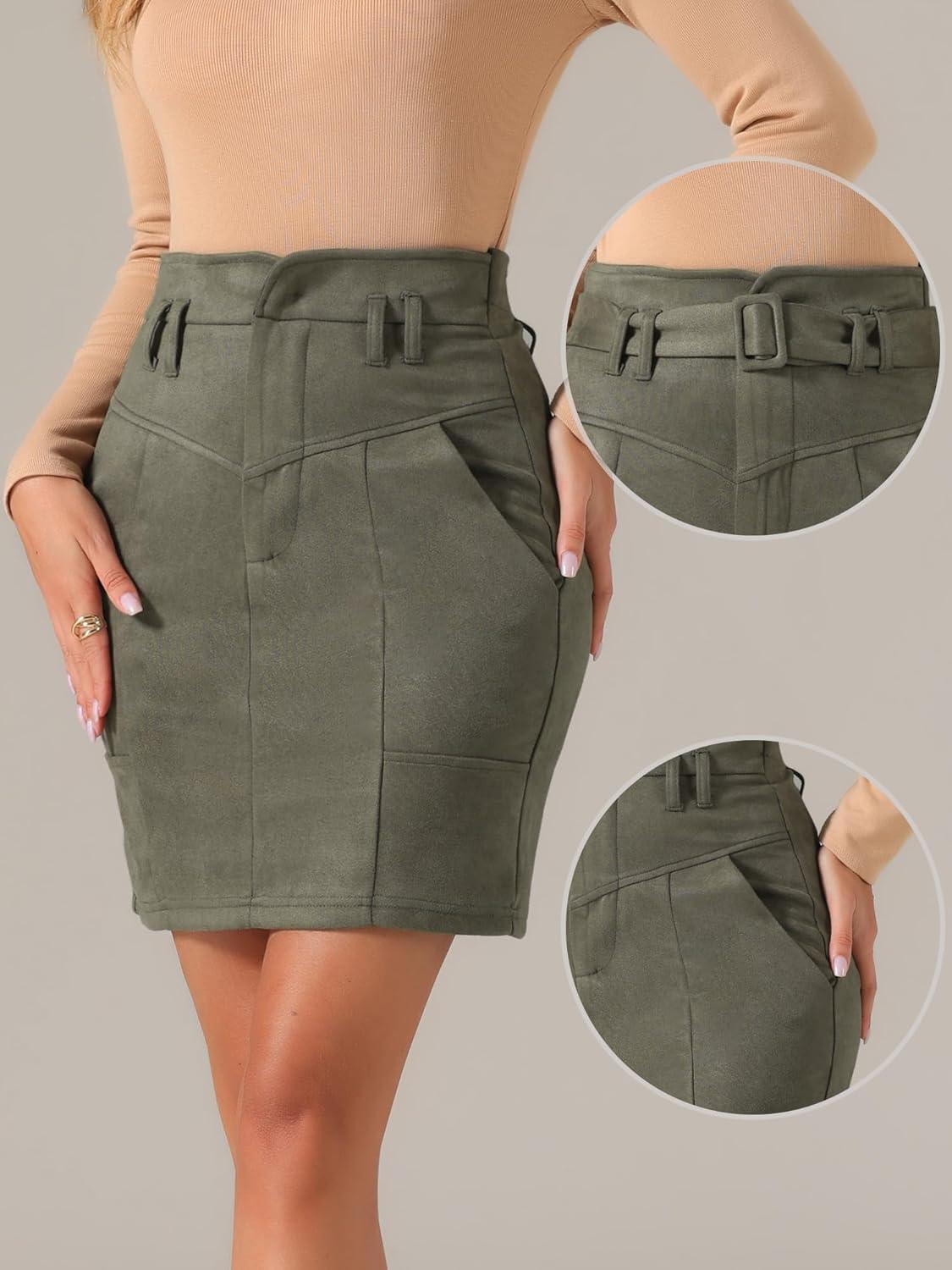 imageAllegra K Faux Suede Skirt for Womens High Waist Casual Belted Pencil SkirtsArmy Green