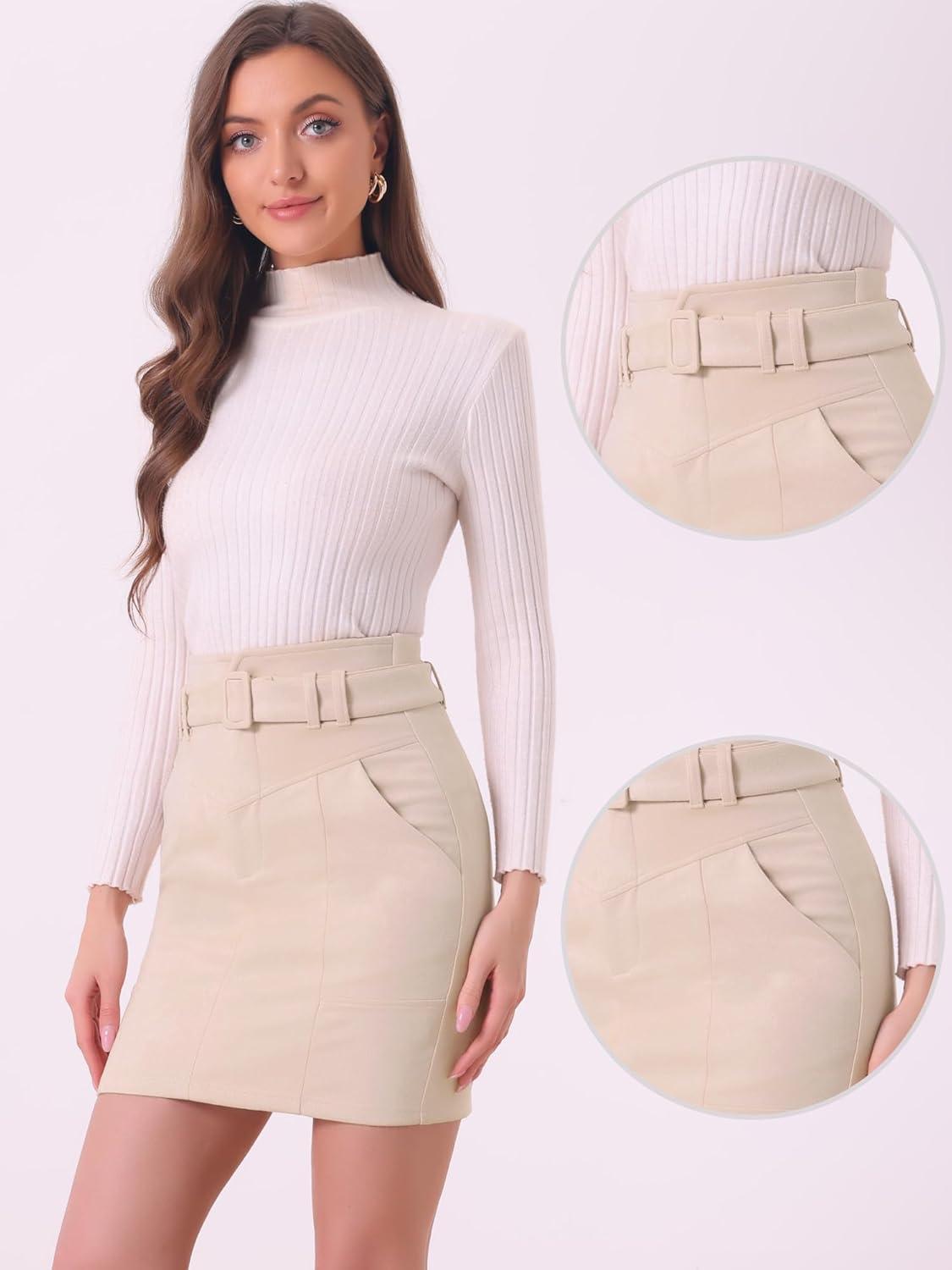 imageAllegra K Faux Suede Skirt for Womens High Waist Casual Belted Pencil SkirtsBeige