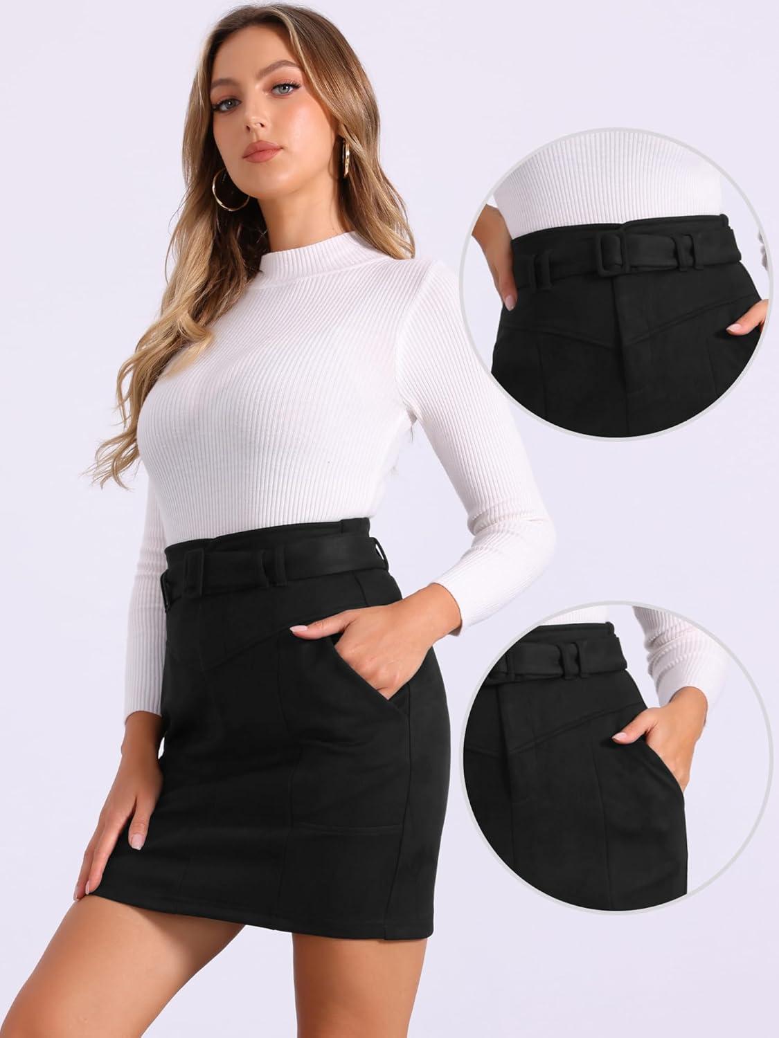 imageAllegra K Faux Suede Skirt for Womens High Waist Casual Belted Pencil SkirtsBlack