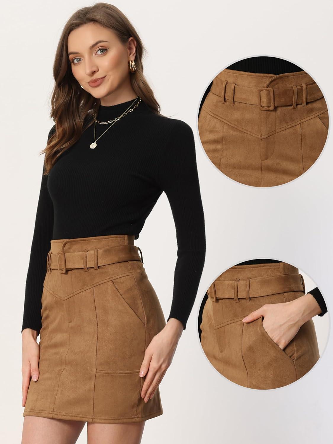 imageAllegra K Faux Suede Skirt for Womens High Waist Casual Belted Pencil SkirtsBrown