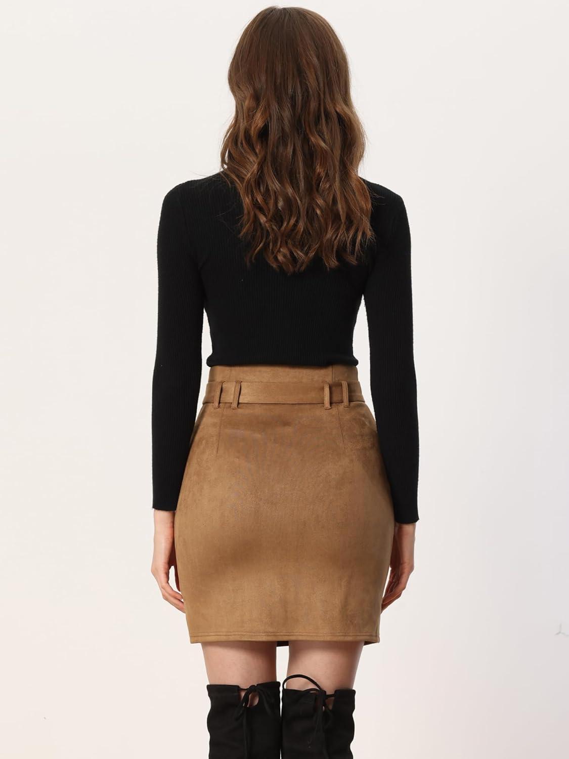imageAllegra K Faux Suede Skirt for Womens High Waist Casual Belted Pencil SkirtsBrown