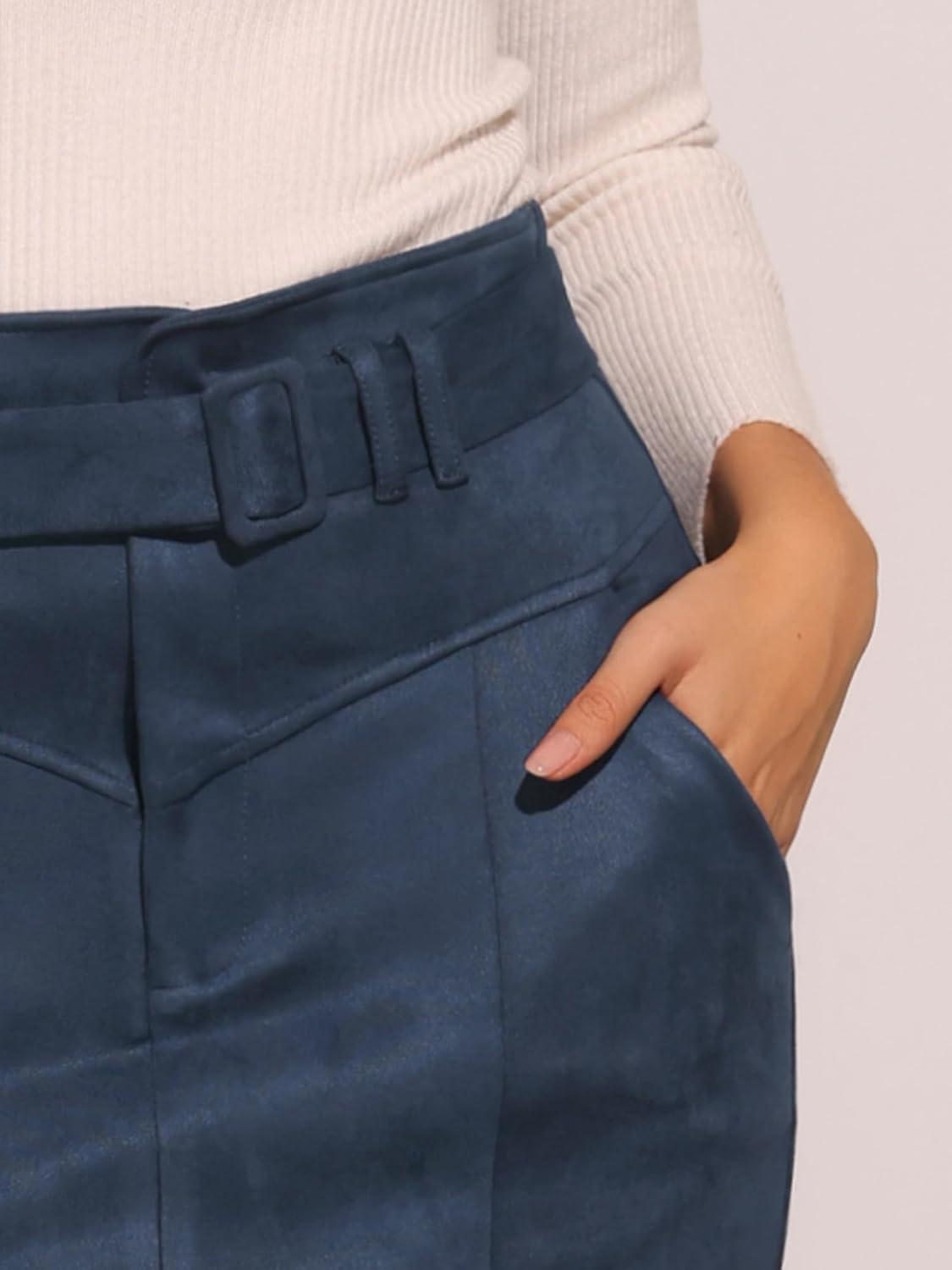 imageAllegra K Faux Suede Skirt for Womens High Waist Casual Belted Pencil SkirtsDark Blue