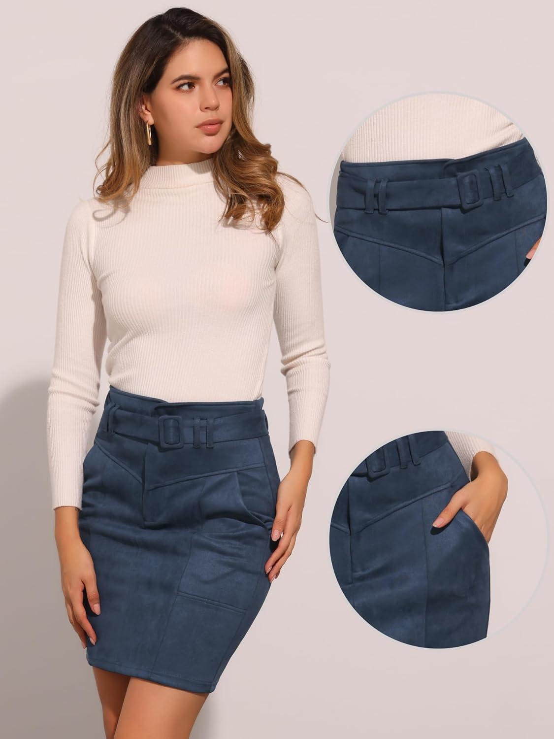 imageAllegra K Faux Suede Skirt for Womens High Waist Casual Belted Pencil SkirtsDark Blue