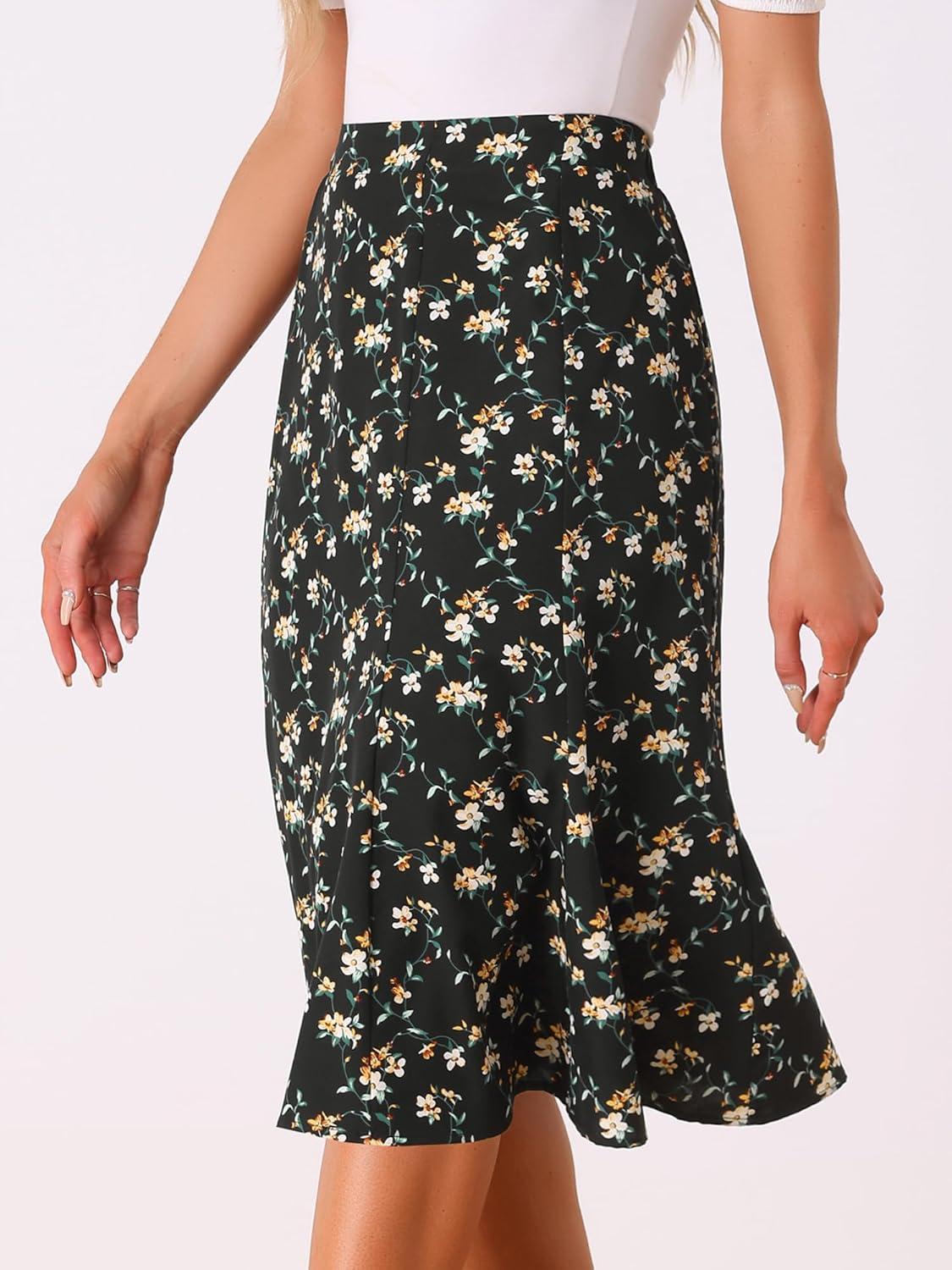 imageAllegra K Floral Skirt for Womens Elastic Waist ALine Midi SkirtsBlack White