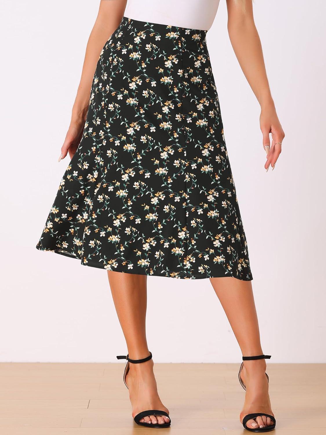 imageAllegra K Floral Skirt for Womens Elastic Waist ALine Midi SkirtsBlack White