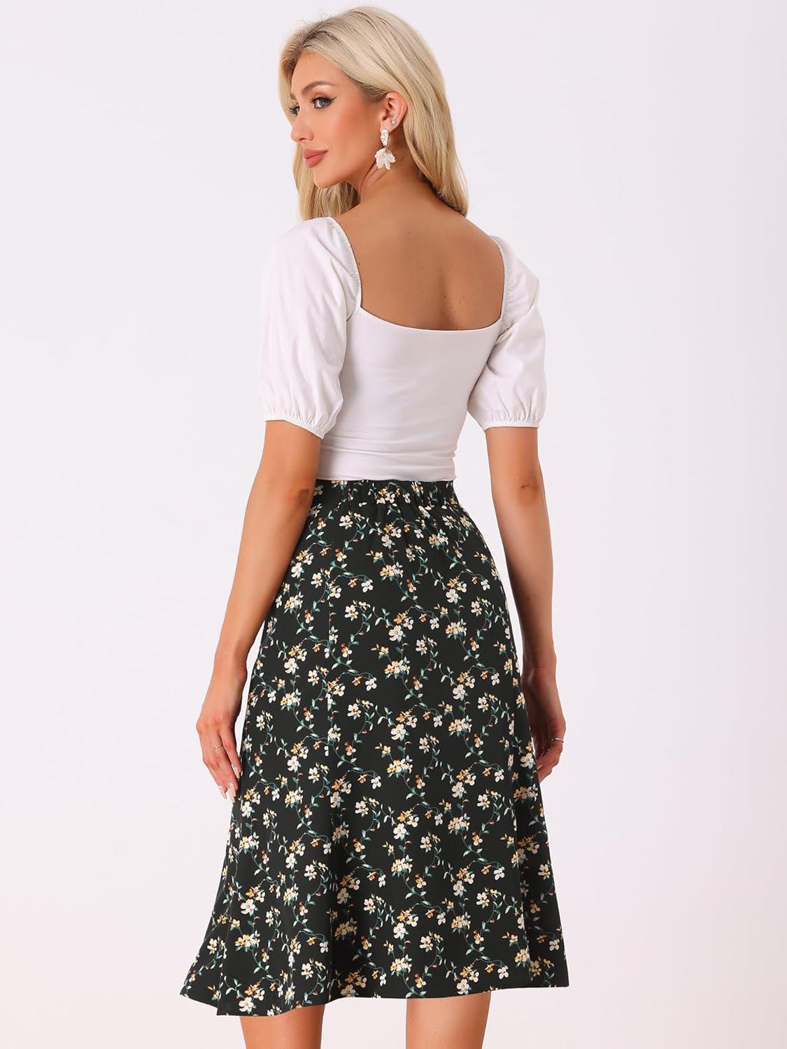 imageAllegra K Floral Skirt for Womens Elastic Waist ALine Midi SkirtsBlack White
