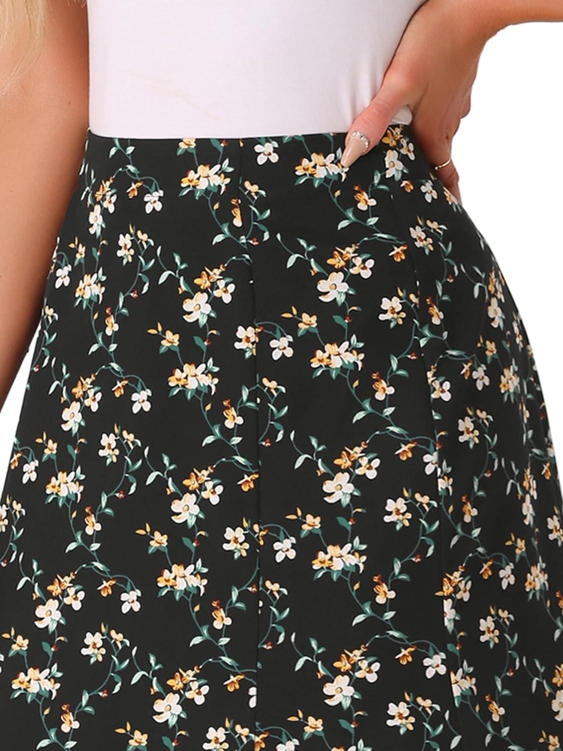 imageAllegra K Floral Skirt for Womens Elastic Waist ALine Midi SkirtsBlack White