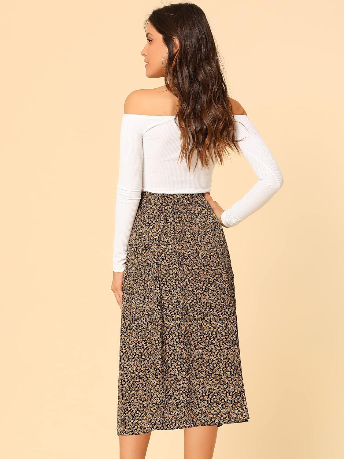 imageAllegra K Floral Skirt for Womens Elastic Waist ALine Midi SkirtsBlack Yellow