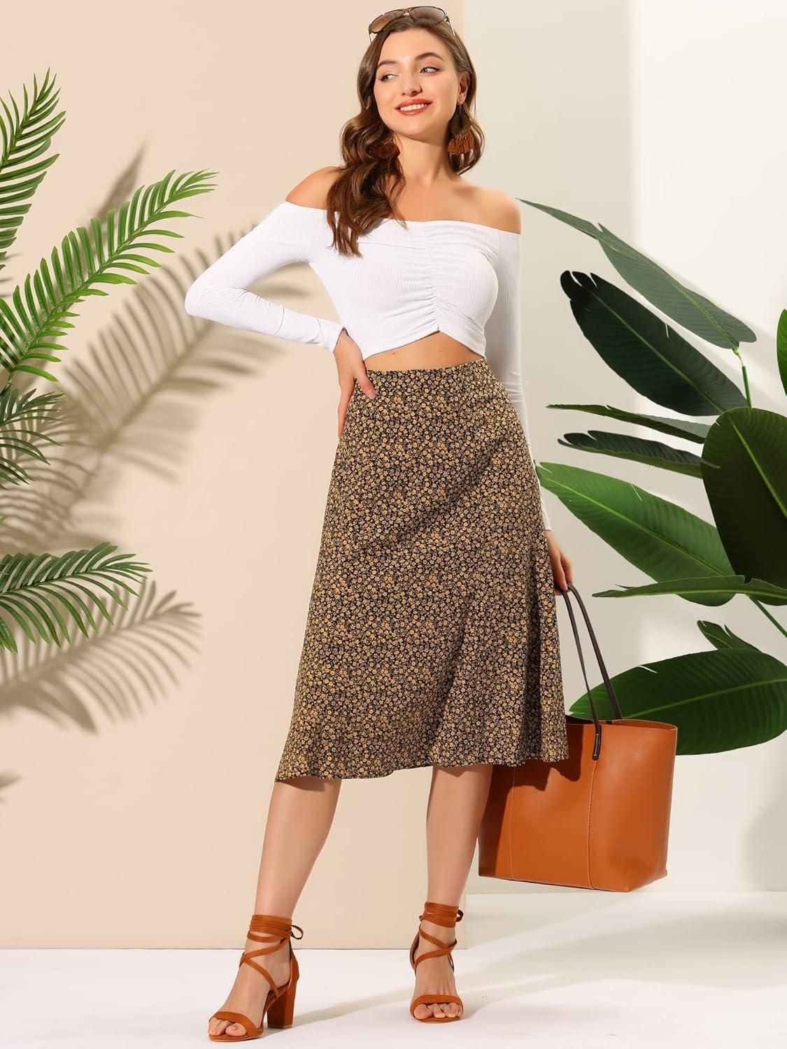 imageAllegra K Floral Skirt for Womens Elastic Waist ALine Midi SkirtsBlack Yellow