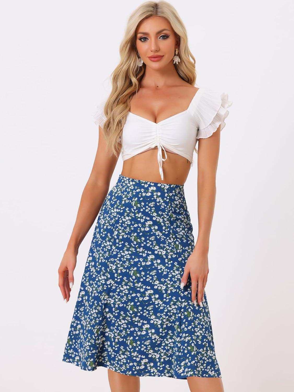 imageAllegra K Floral Skirt for Womens Elastic Waist ALine Midi SkirtsBlue