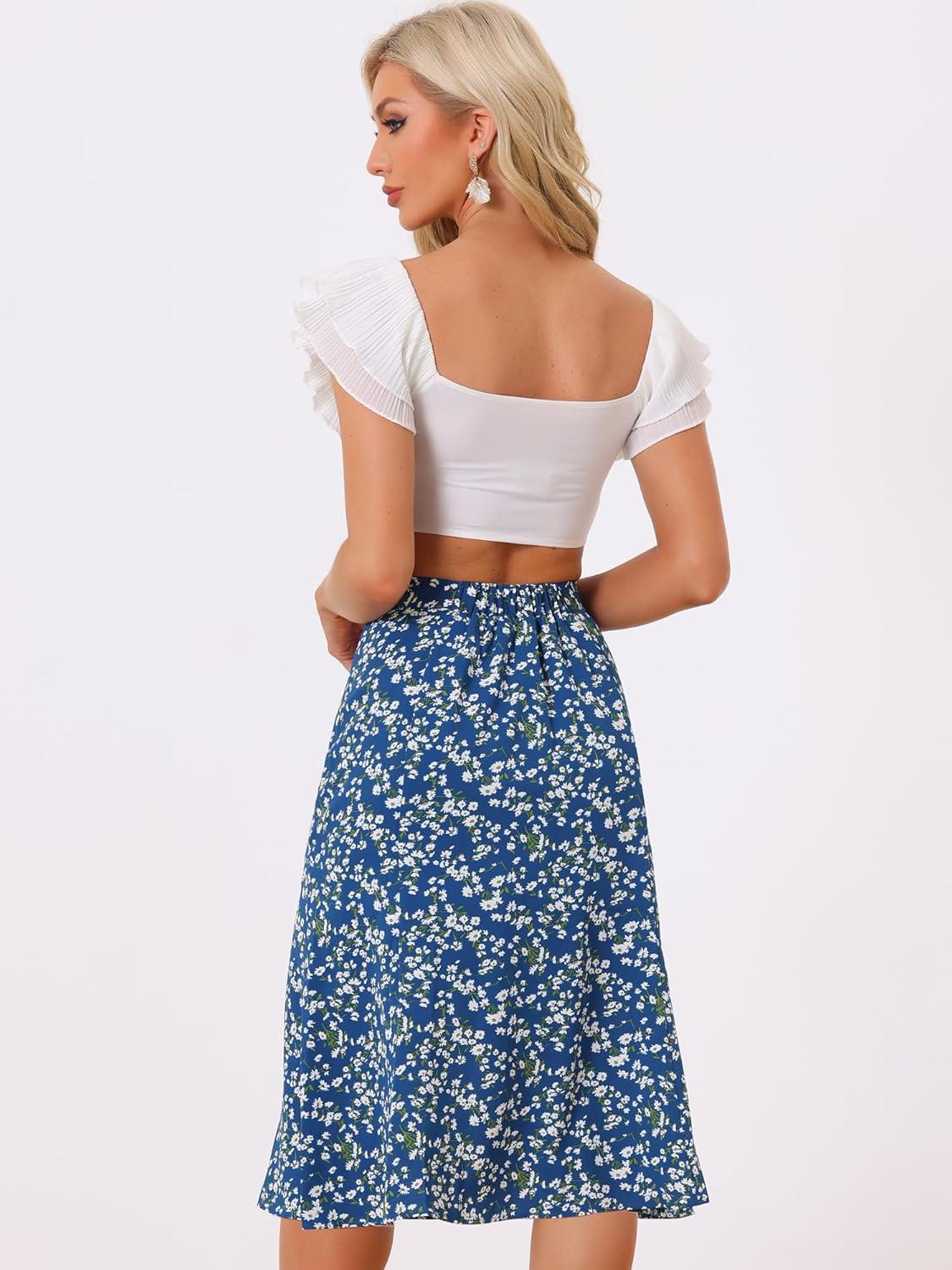 imageAllegra K Floral Skirt for Womens Elastic Waist ALine Midi SkirtsBlue