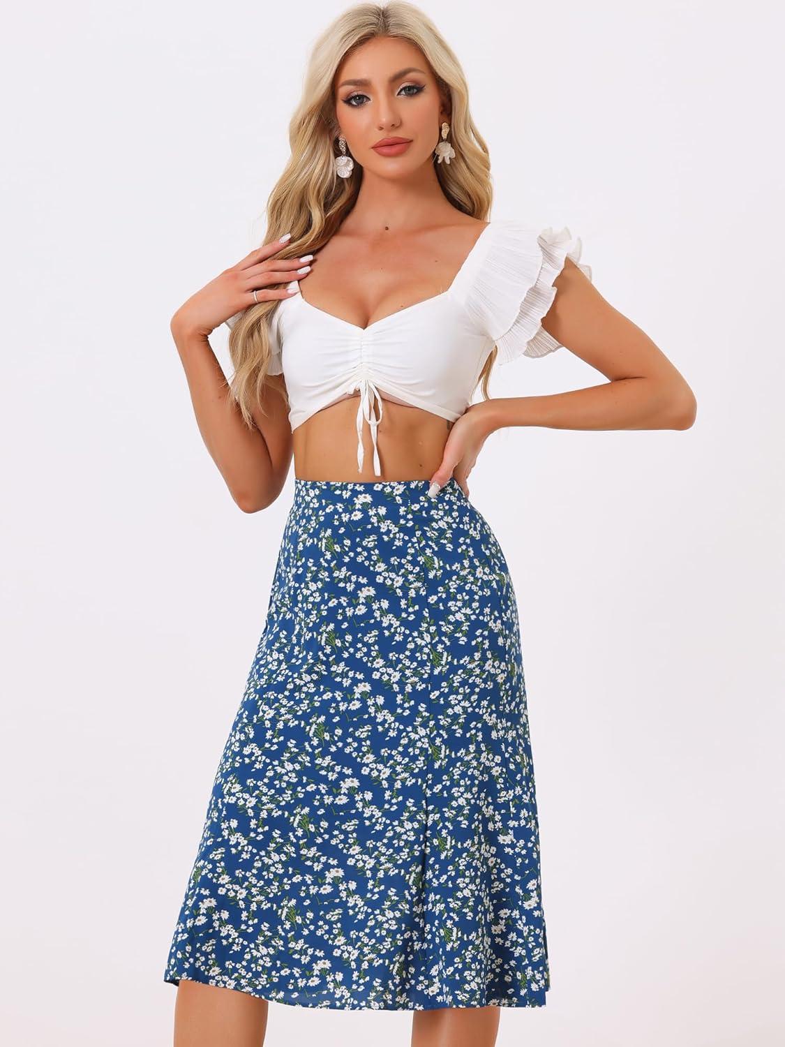 imageAllegra K Floral Skirt for Womens Elastic Waist ALine Midi SkirtsBlue