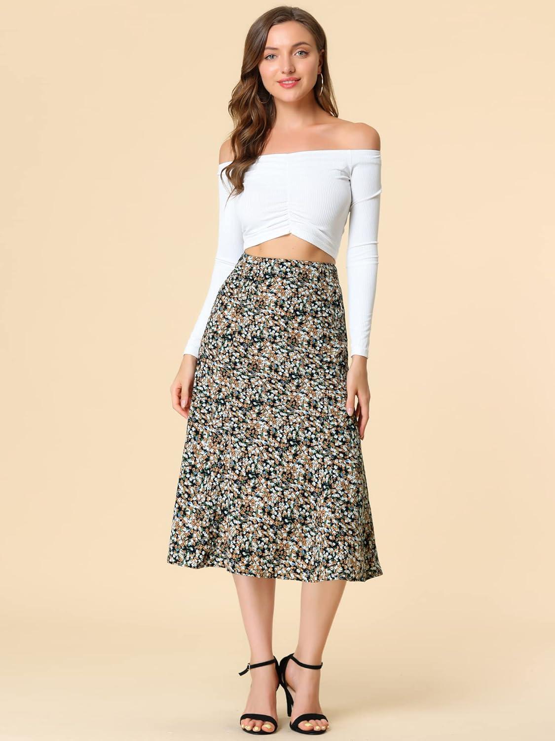 imageAllegra K Floral Skirt for Womens Elastic Waist ALine Midi SkirtsBlue Brown