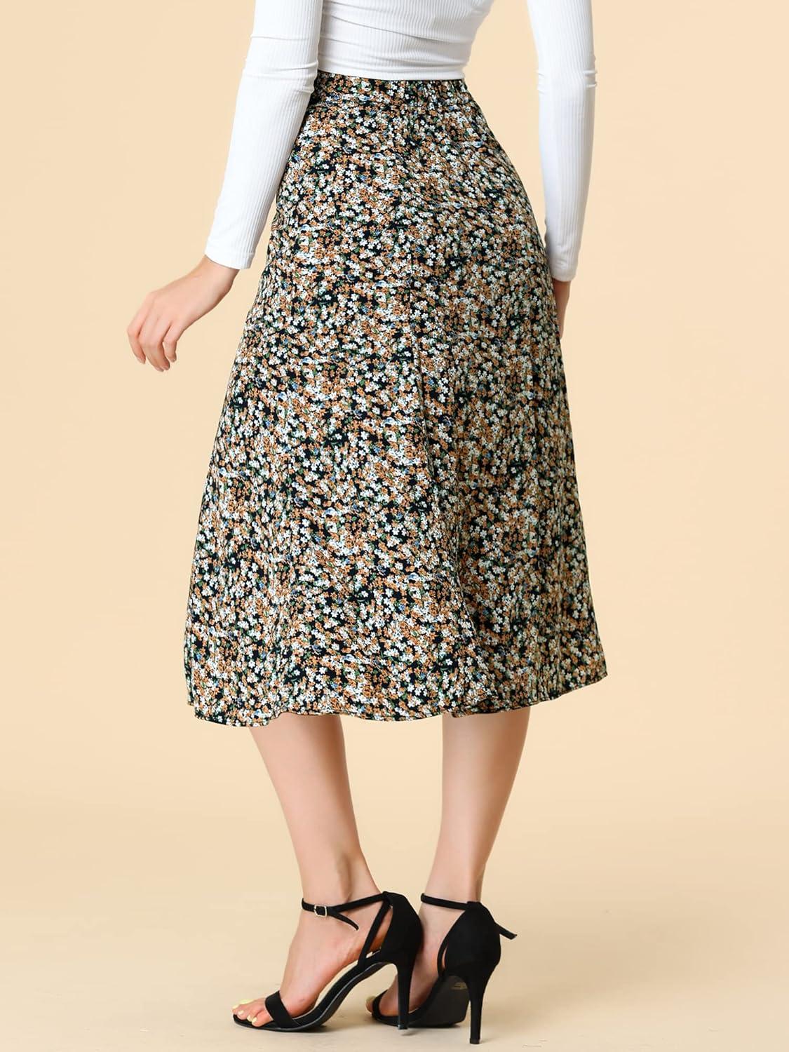 imageAllegra K Floral Skirt for Womens Elastic Waist ALine Midi SkirtsBlue Brown