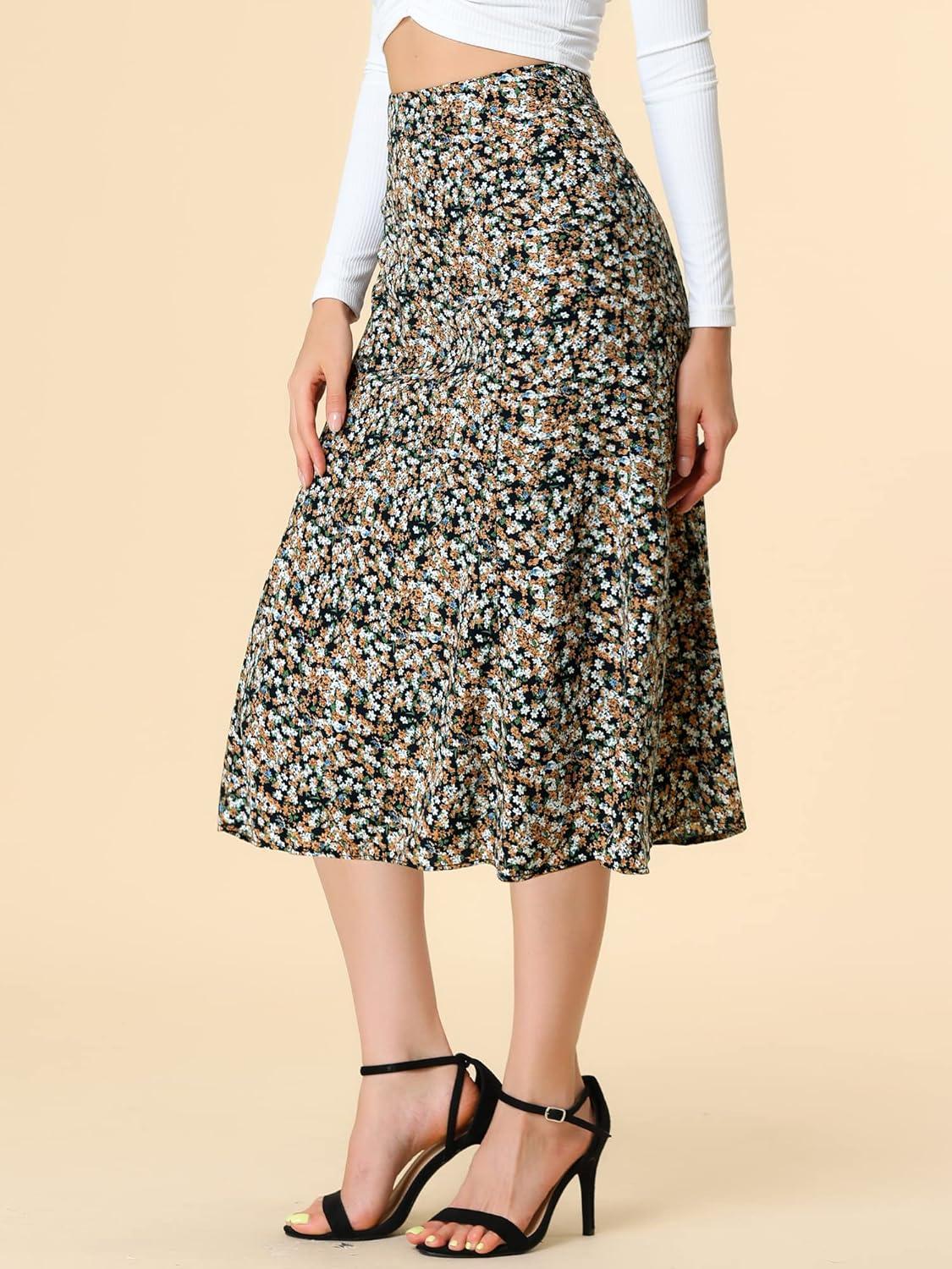 imageAllegra K Floral Skirt for Womens Elastic Waist ALine Midi SkirtsBlue Brown