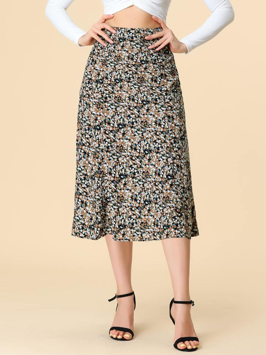 imageAllegra K Floral Skirt for Womens Elastic Waist ALine Midi SkirtsBlue Brown