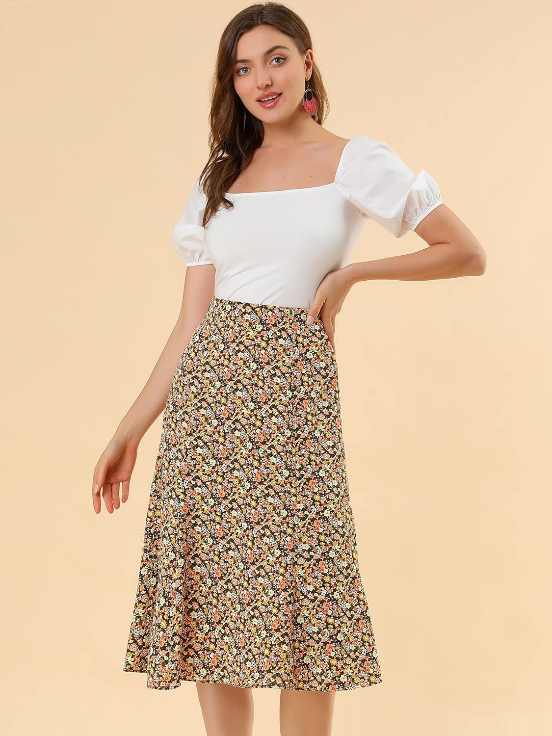 imageAllegra K Floral Skirt for Womens Elastic Waist ALine Midi SkirtsBrown Orange
