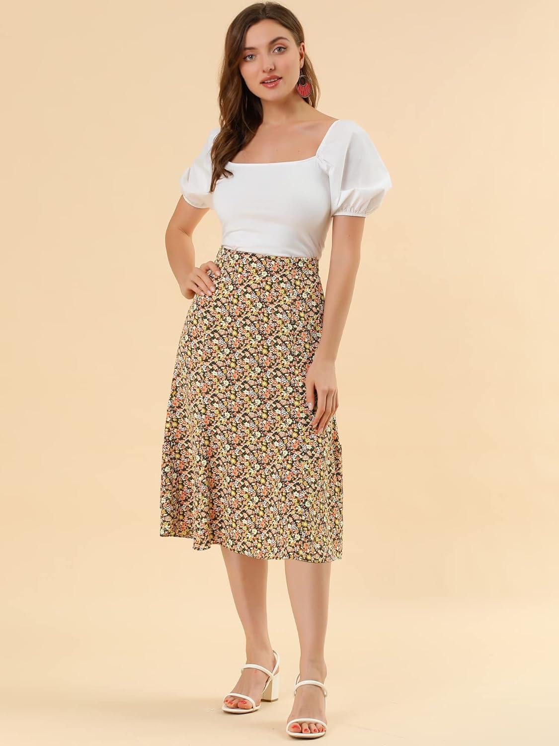 imageAllegra K Floral Skirt for Womens Elastic Waist ALine Midi SkirtsBrown Orange