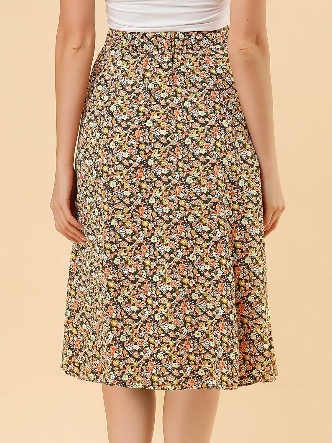 imageAllegra K Floral Skirt for Womens Elastic Waist ALine Midi SkirtsBrown Orange