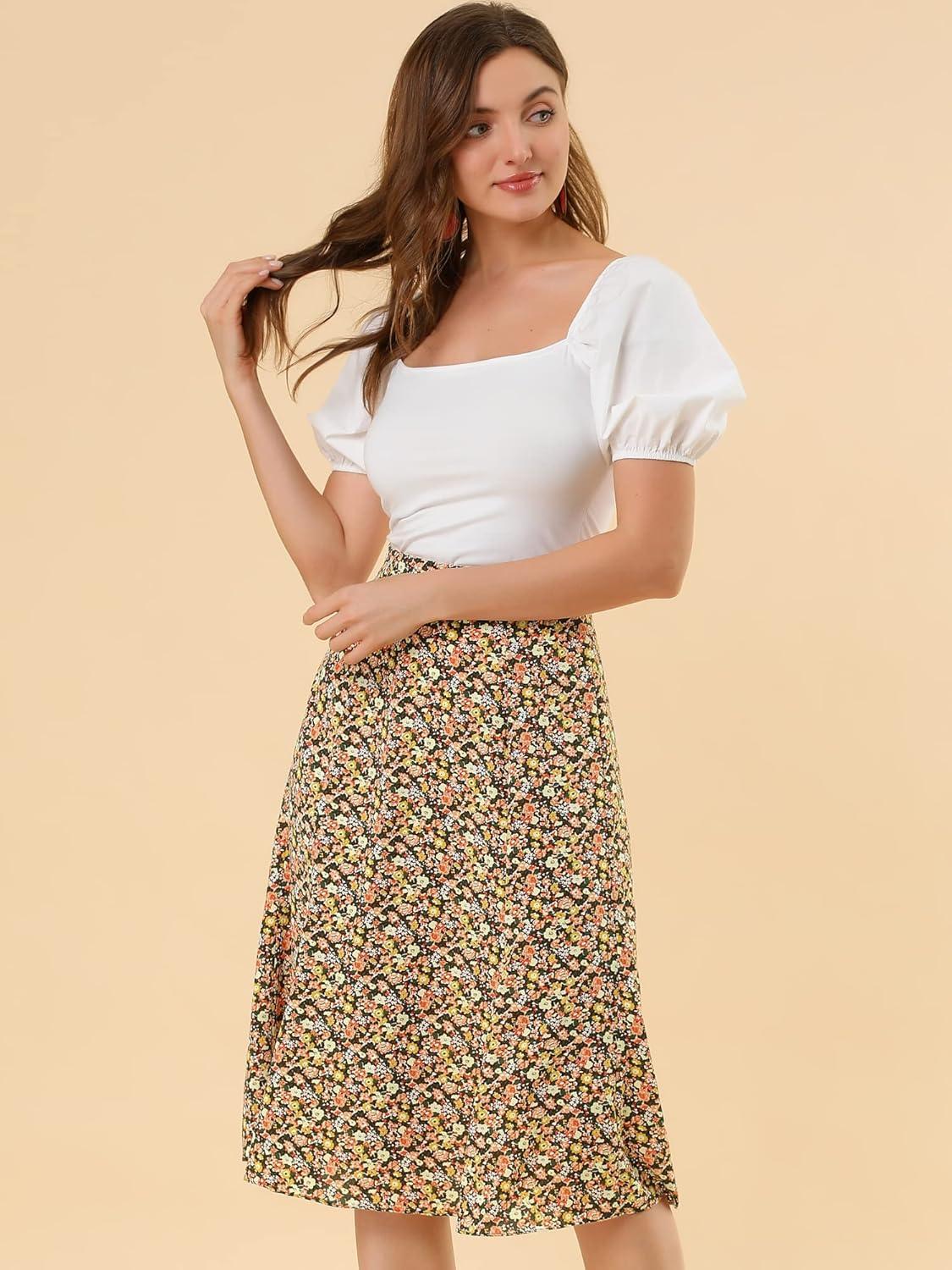 imageAllegra K Floral Skirt for Womens Elastic Waist ALine Midi SkirtsBrown Orange