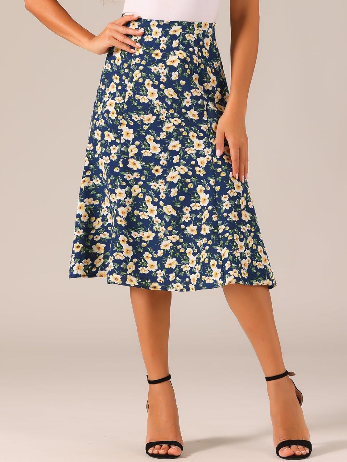 imageAllegra K Floral Skirt for Womens Elastic Waist ALine Midi SkirtsDark Blue