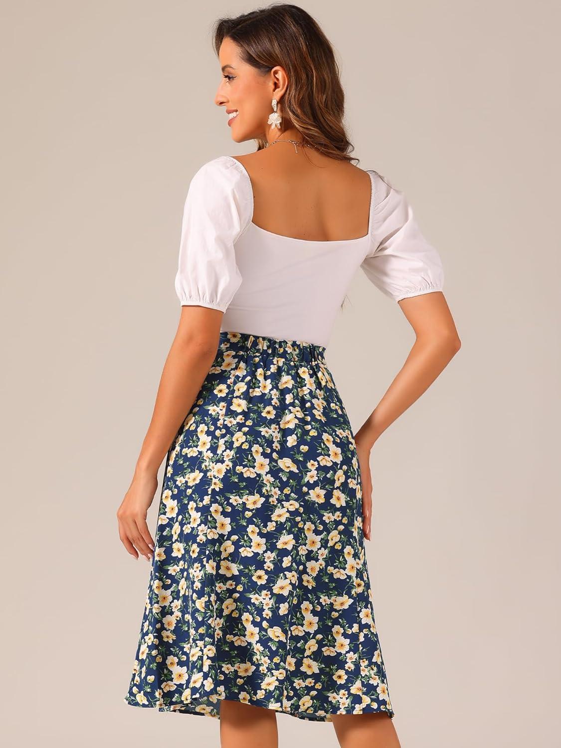 imageAllegra K Floral Skirt for Womens Elastic Waist ALine Midi SkirtsDark Blue