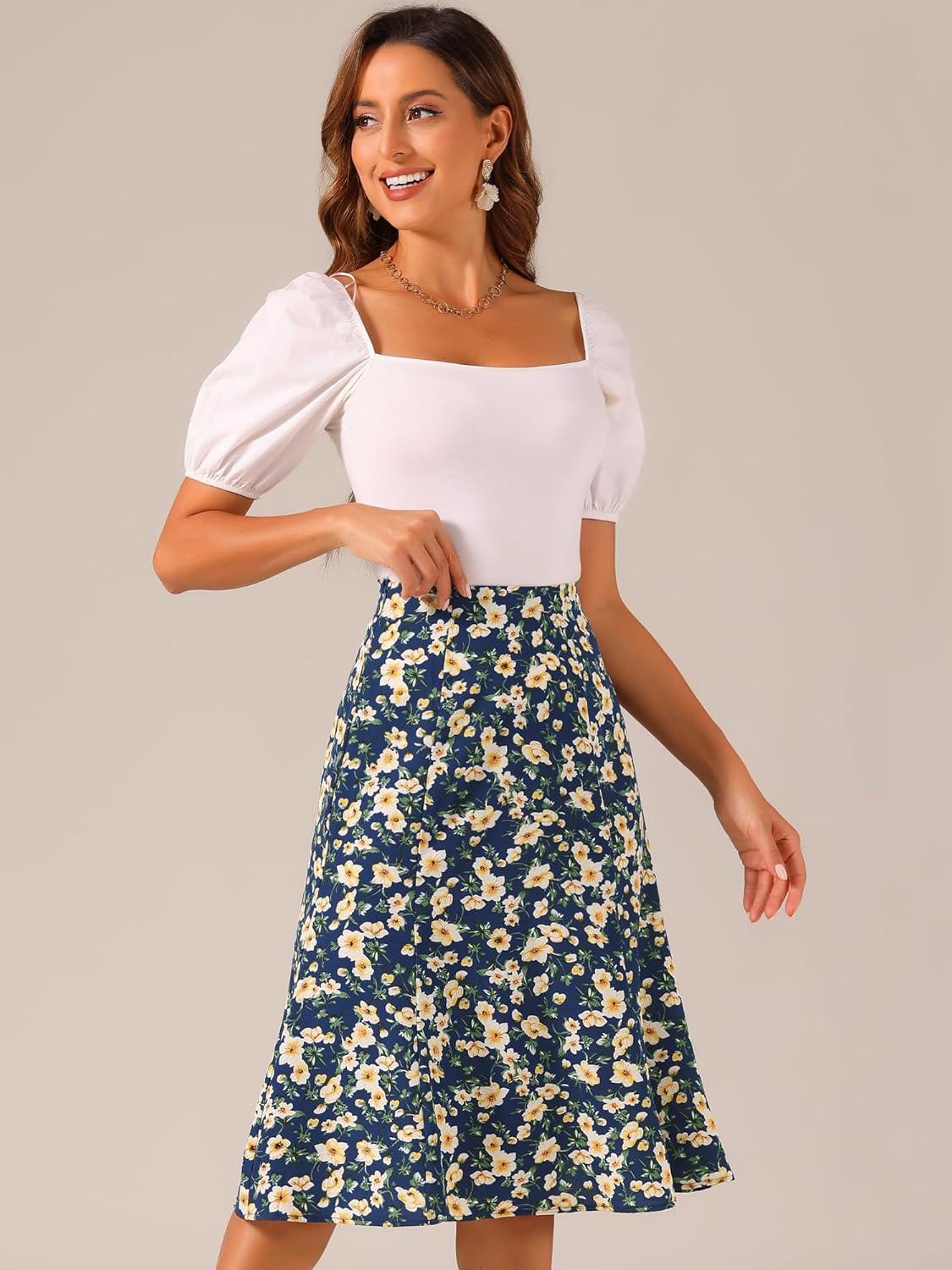 imageAllegra K Floral Skirt for Womens Elastic Waist ALine Midi SkirtsDark Blue