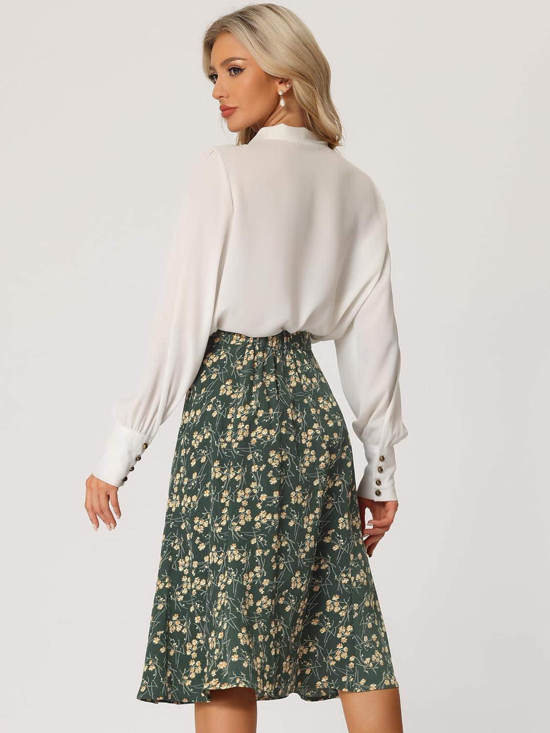 imageAllegra K Floral Skirt for Womens Elastic Waist ALine Midi SkirtsDark Green