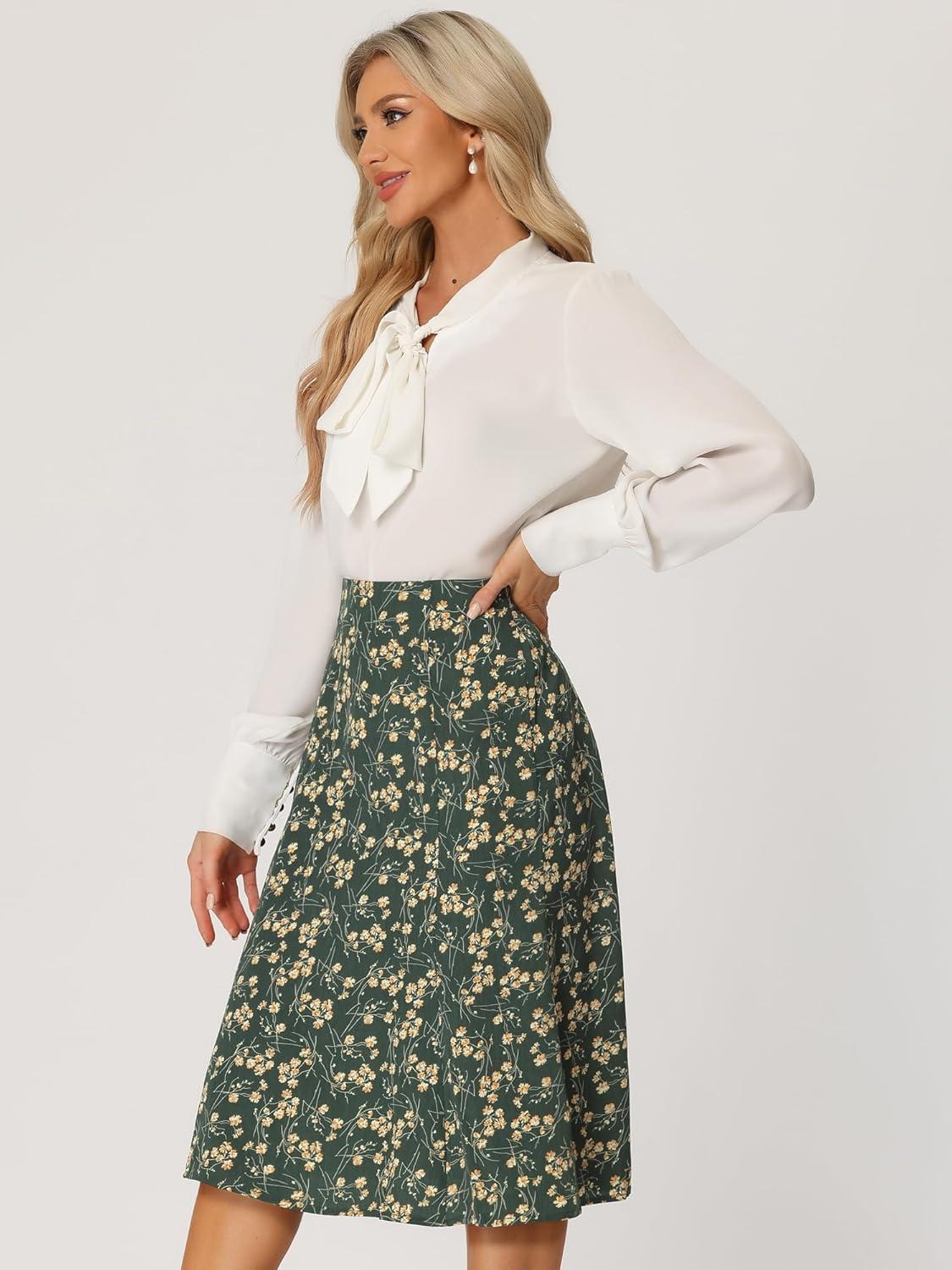 imageAllegra K Floral Skirt for Womens Elastic Waist ALine Midi SkirtsDark Green