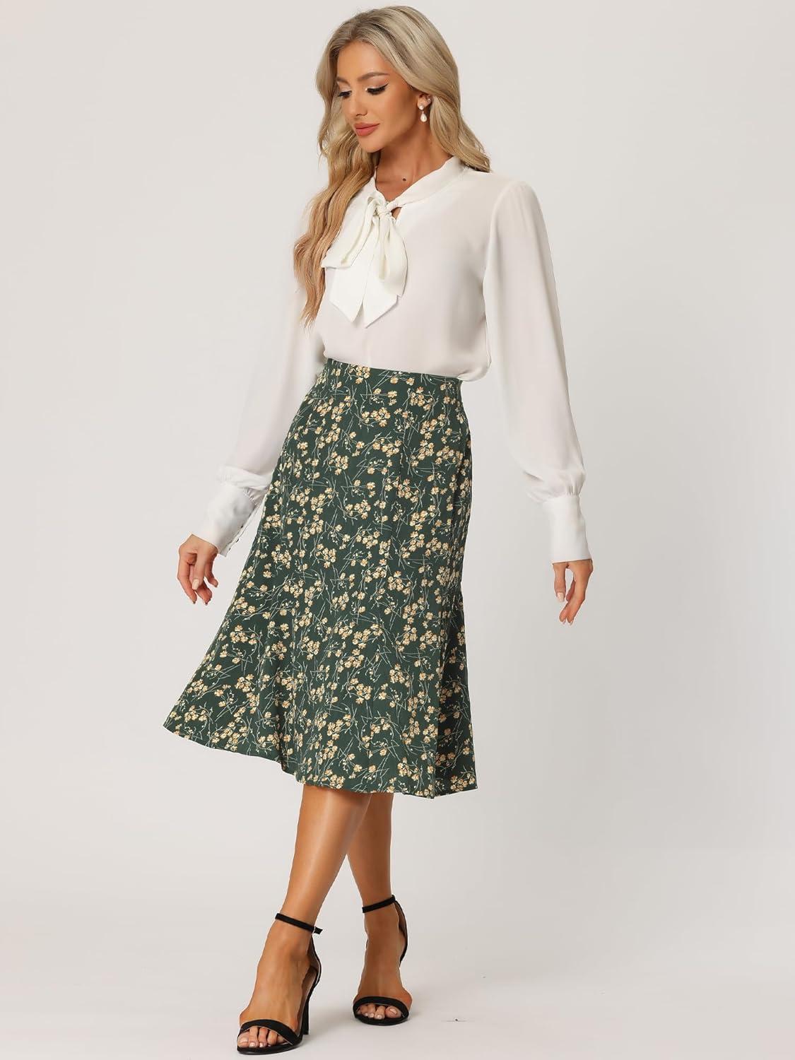 imageAllegra K Floral Skirt for Womens Elastic Waist ALine Midi SkirtsDark Green