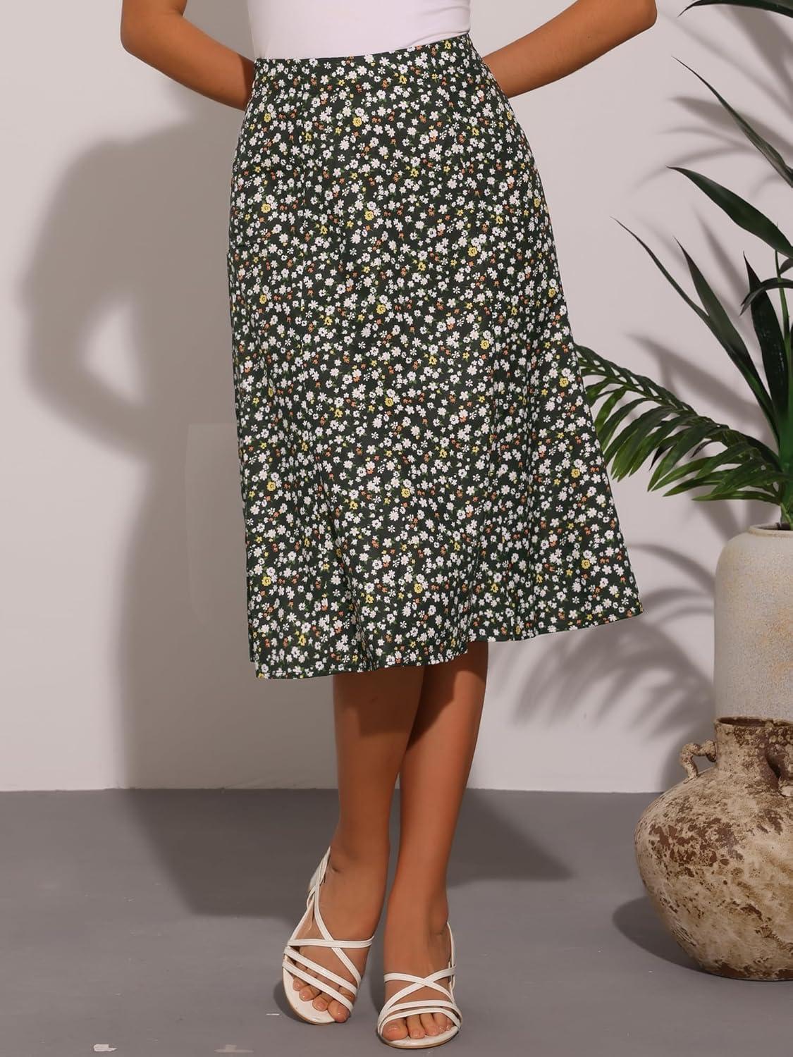 imageAllegra K Floral Skirt for Womens Elastic Waist ALine Midi SkirtsFloral Black White